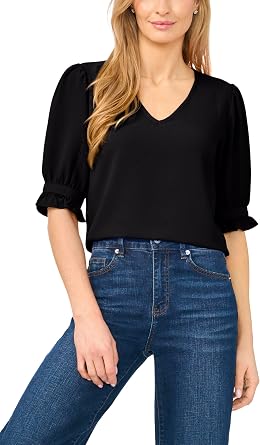 CeCe Women's Ruffle Cuff Elbow Sleeve V-Neck Blouse