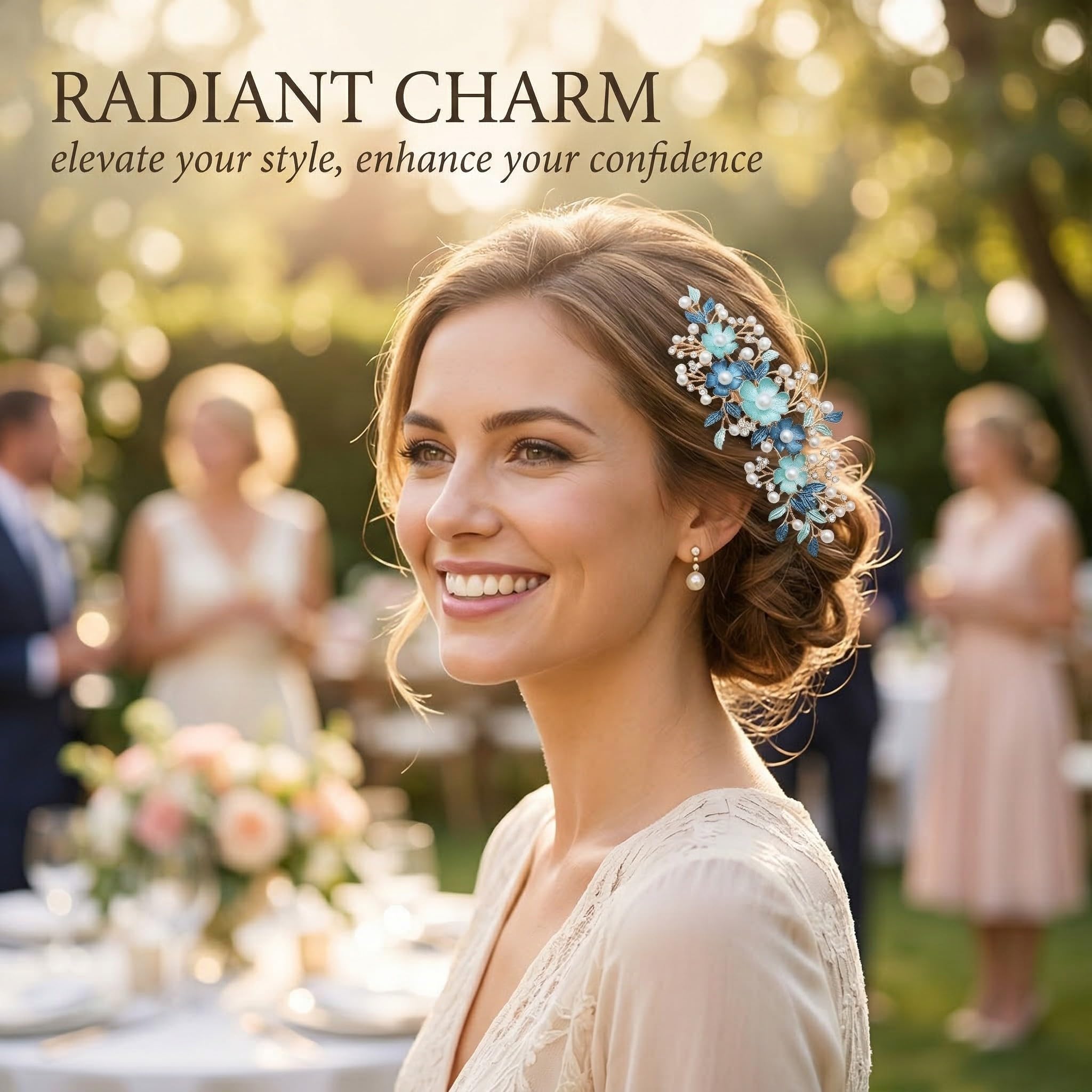 Peineta de Flores para Boda con Perlas, Tocado de Diamantes de Imitación de Flores, Nupcial Decorativo Diadema Fiesta de Bodas Pelo de Noche, Simple y Generoso, Azul