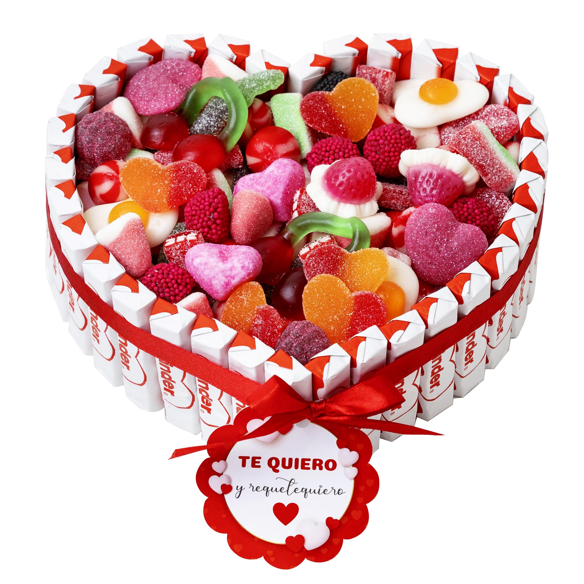 Onza Regalo dia de la madre original - Cesta de Chocolates Kinder y Chucherías para Regalar - Corazón Chocolatinas Kinder - Gran Surtido Chuches y Gominolas