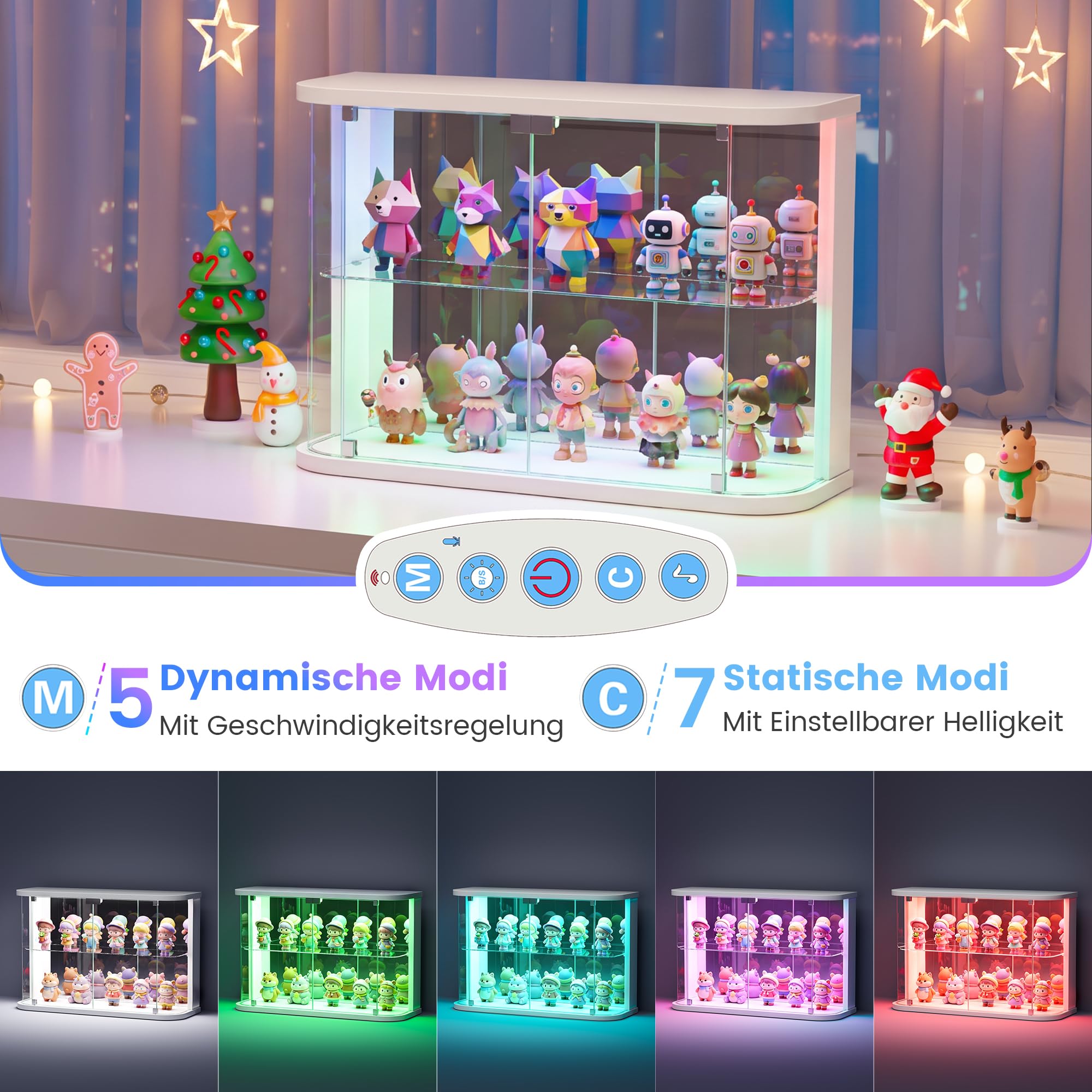 Vlsrka Glasvitrine mit LED Beleuchtung und Glastüren, Glas Vitrinenschrank | Vitrine mit RGB-Licht, Sammlerstücke Präsentieren, Figuren Aufbewahren, Temperglas, Push-to-open, Wohnzimmer Schlafzimmer