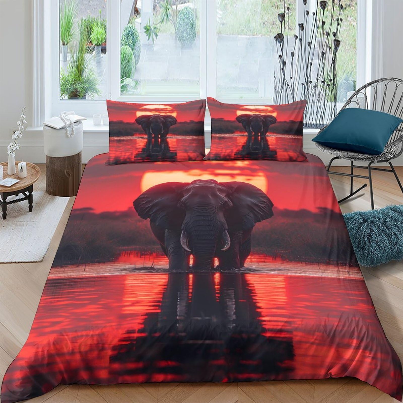 GPLZQXKJNH 3D Printed Sunset Elephant Duvet Cover Microfiber Soft Breathable Water Reflection Bedding Set with 2 Pillowcases for Bedroom Decor Single（135x200cm）