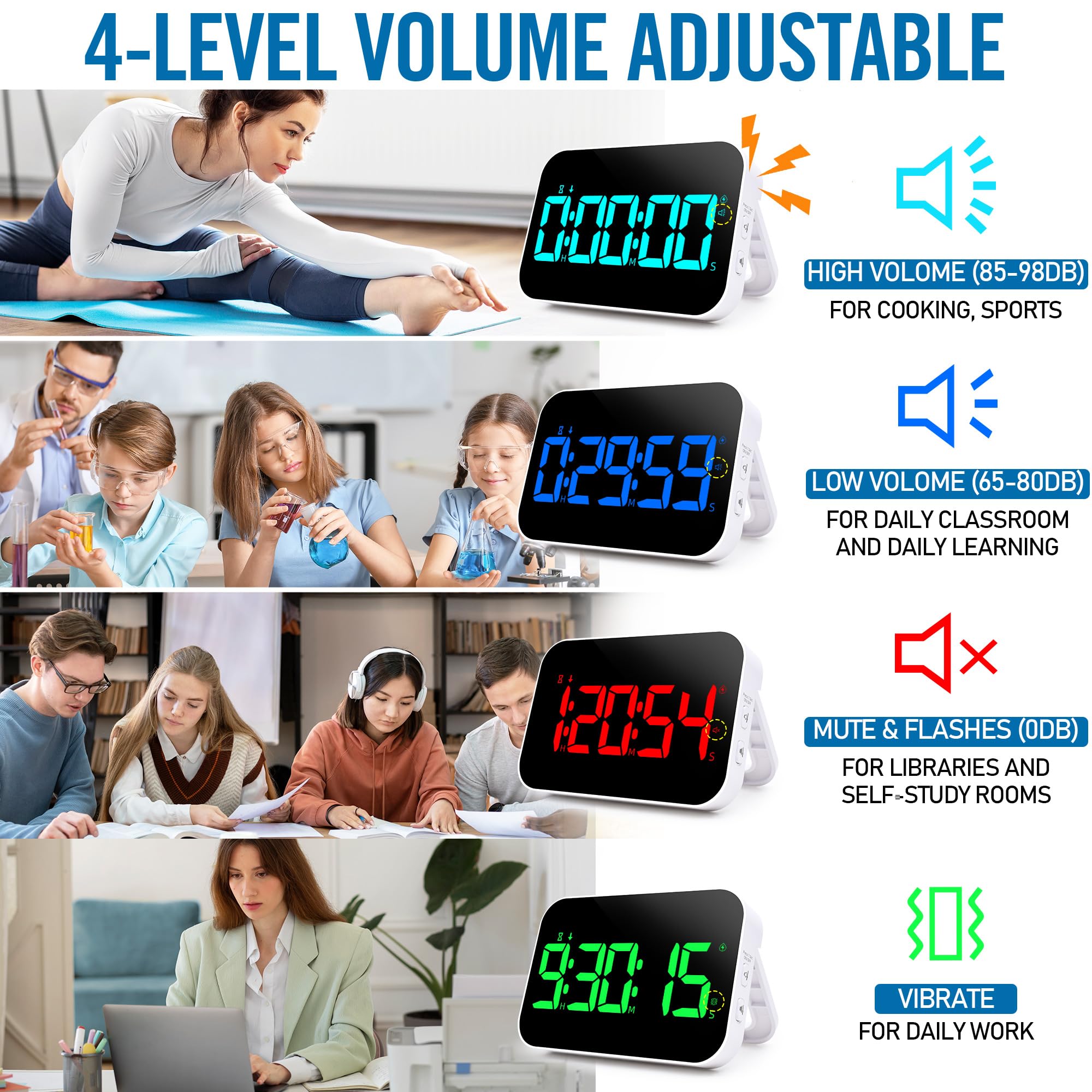 Küchentimer zum Kochen, 10 RGB-Farbwechsel, digitaler magnetischer Timer, Countdown/Up, wiederaufladbar, 3 Helligkeitsanzeige, 3 Lautstärkestufen und Vibrationsmodus, für Klassenzimmer, Studium,