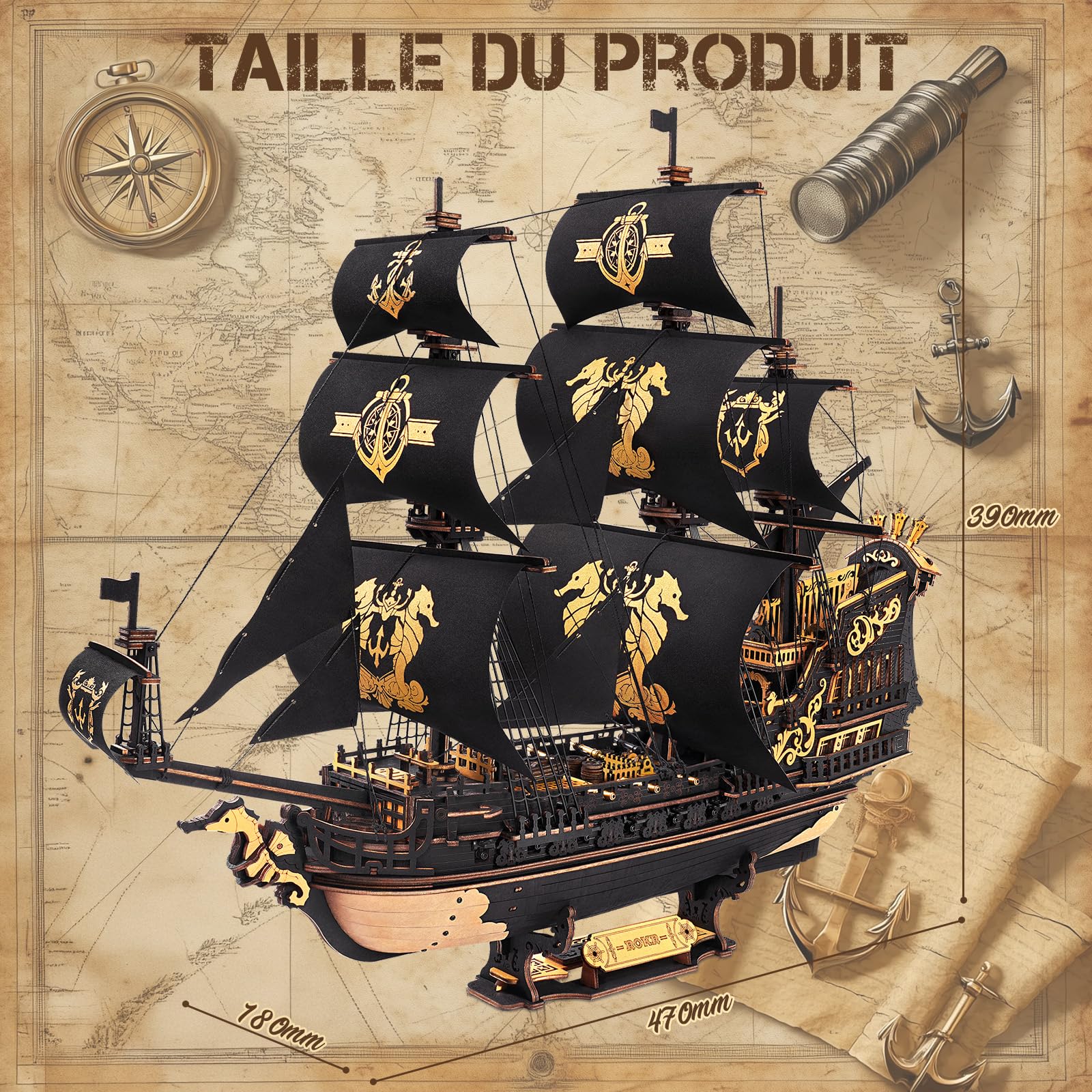 ROKR Puzzle 3D Bois Barque Hippocampe MCB02 Maquette Bateau Adulte Construire Kit Modélisme Décoration Bureau Maison Cadeau Homme