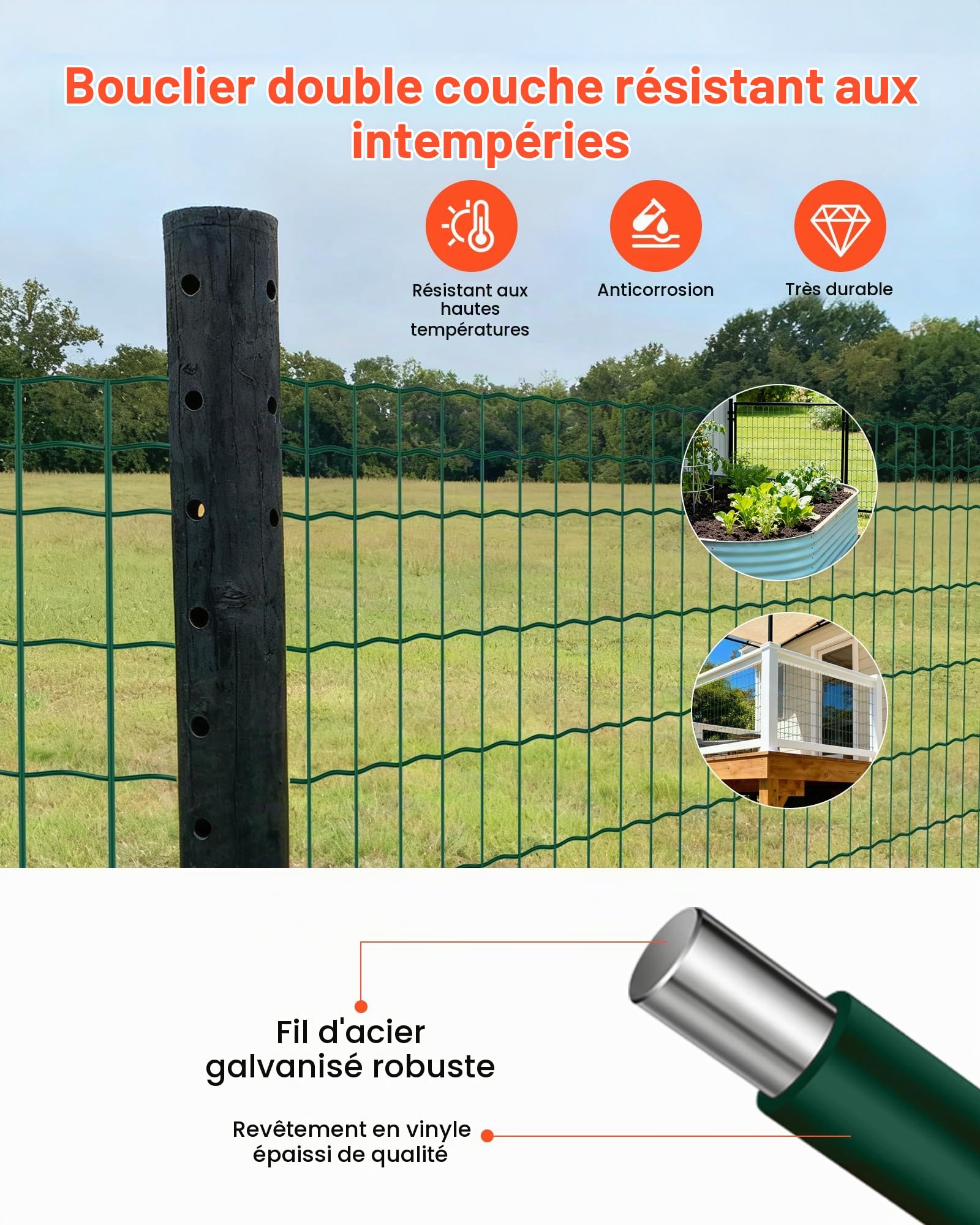 VEVOR Grillage Métallique Vert Maille 5 x 10 cm Rouleau Grillage Clôture à Mouton Soudé 1,2 x 25 m Fil en Fer Galvanisé Revêtement Vinyle PVC Diamètre Fil 2,1 mm pour Jardin Enclos Cage Animaux Ranchs