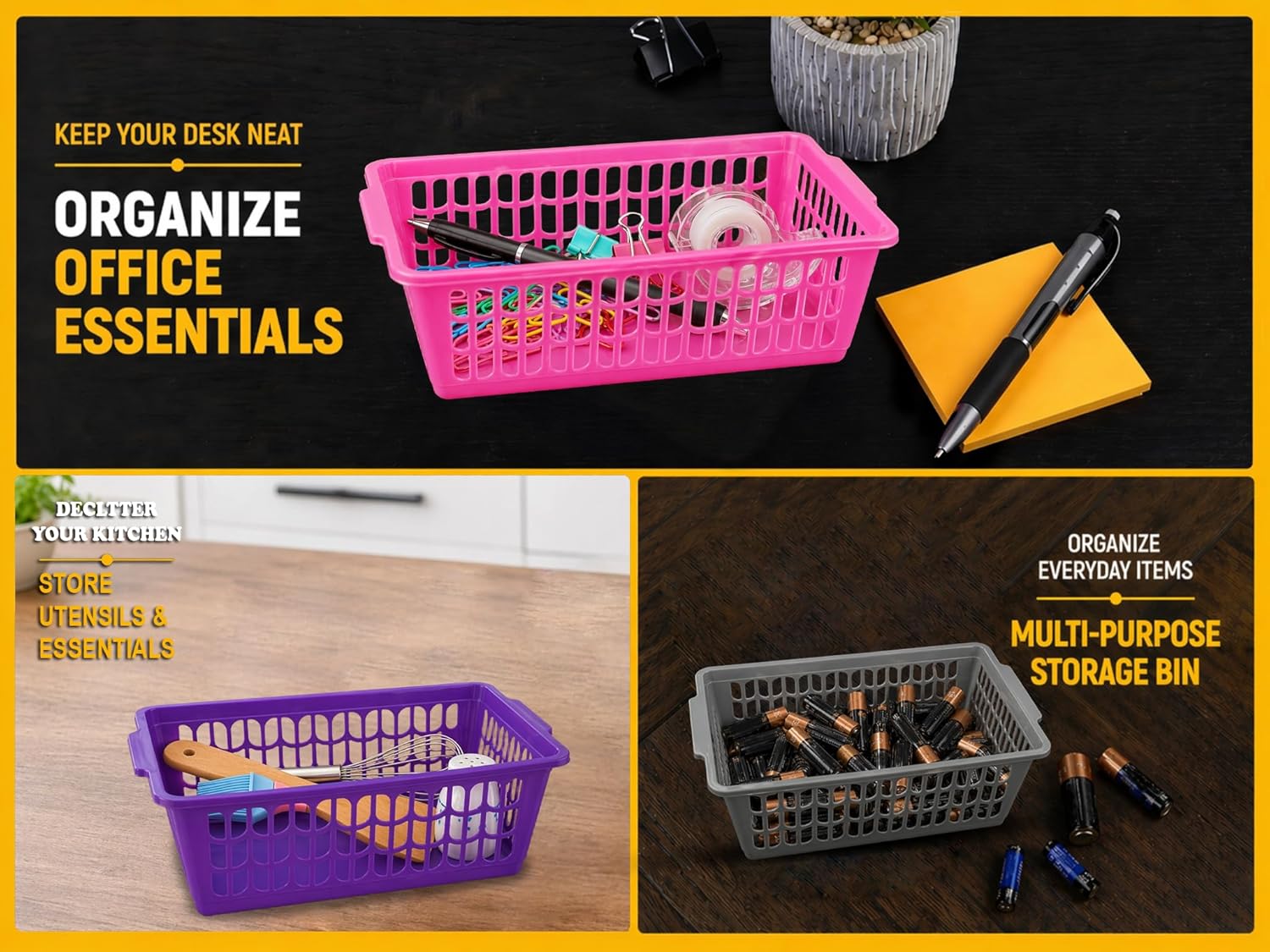 YBM HOME Plastic Perforated Storage Basket Bin Office Drawer, Shelf Desktop Countertop Tray Organizer 32-1188 (12, Pink)
