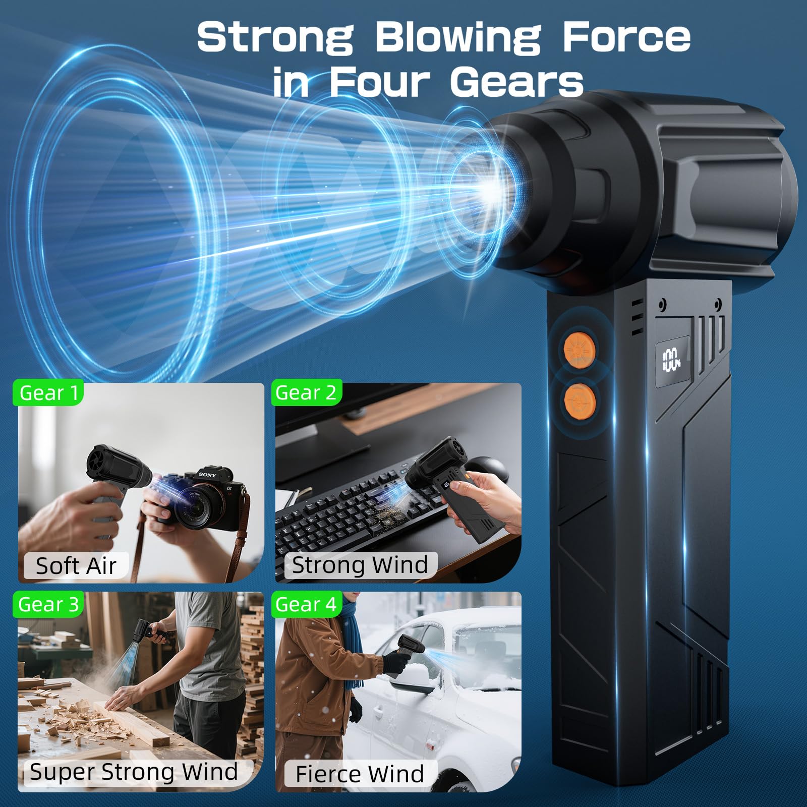 Aria Compressore Elettrico Rimuovi Polvere,4 Velocità 180000RPM Soffiatore a Batteria con 2 Luce LED&4 Ugelli,Mini Compressore Aria per Auto,Laptop,Tastiera Sostituisce Aria Compressa Spray