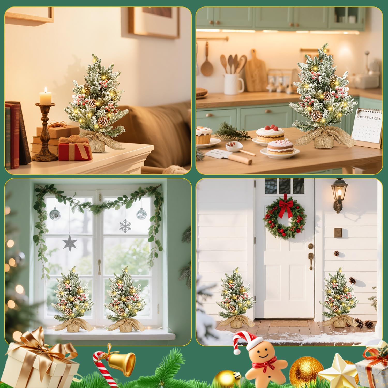 Aigostar Árbol de Navidad con Luces Incorporadas 50cm， 2 Unidad， Árbol de Navidad Pequeño Decorado con Piñas， Nieve Artificial y Frutos Rojos， Ideal para Dormitorio， Salón o Habitación Infantil