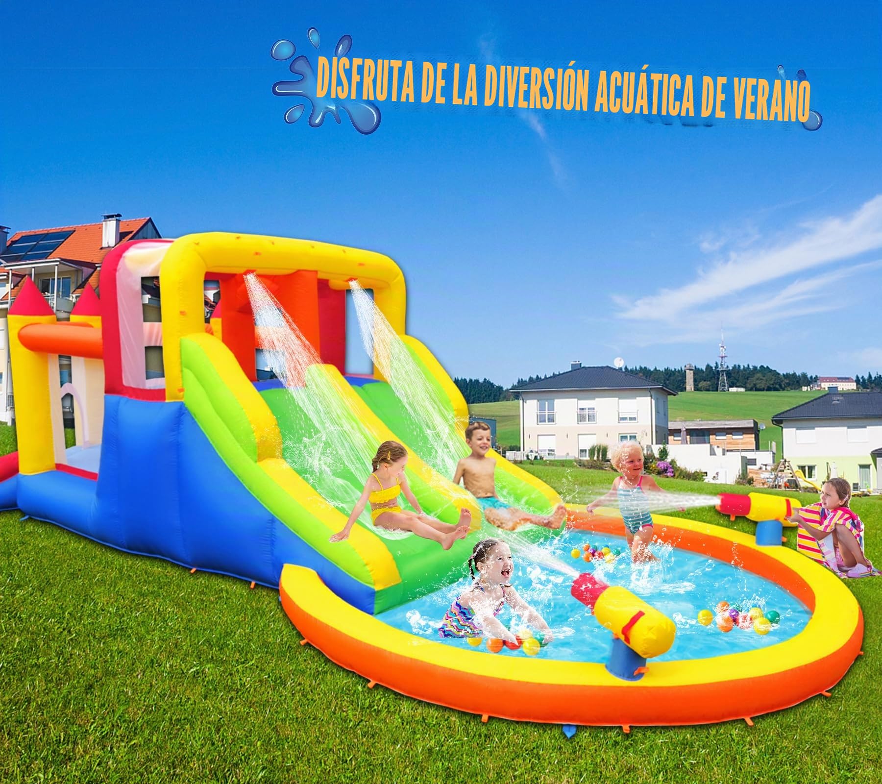 Ballsea Castillo Hinchable Infantil sin soplador, tobogán seco/de Agua, Capacidad 6 niños/200kg, L6.28 x A2.93 x H1.95m (sin soplador)