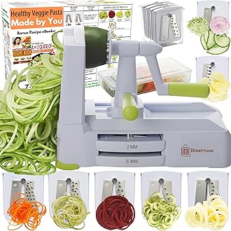 Brieftons 7-Blade Vegetable Spiralizer: Strongest-Heaviest Spiral Slicer, Best Veggie Pasta Spaghetti Maker for Low Carb/Paleo/Gluten-Free Meals, With Container, Lid, Blade Caddy & 4 Recipe Ebooks