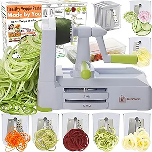 Brieftons 7-Blade Vegetable Spiralizer: Strongest-Heaviest Spiral Slicer, Best Veggie Pasta Spaghetti Maker for Low Carb/Paleo/Gluten-Free Meals, With Container, Lid, Blade Caddy & 4 Recipe Ebooks