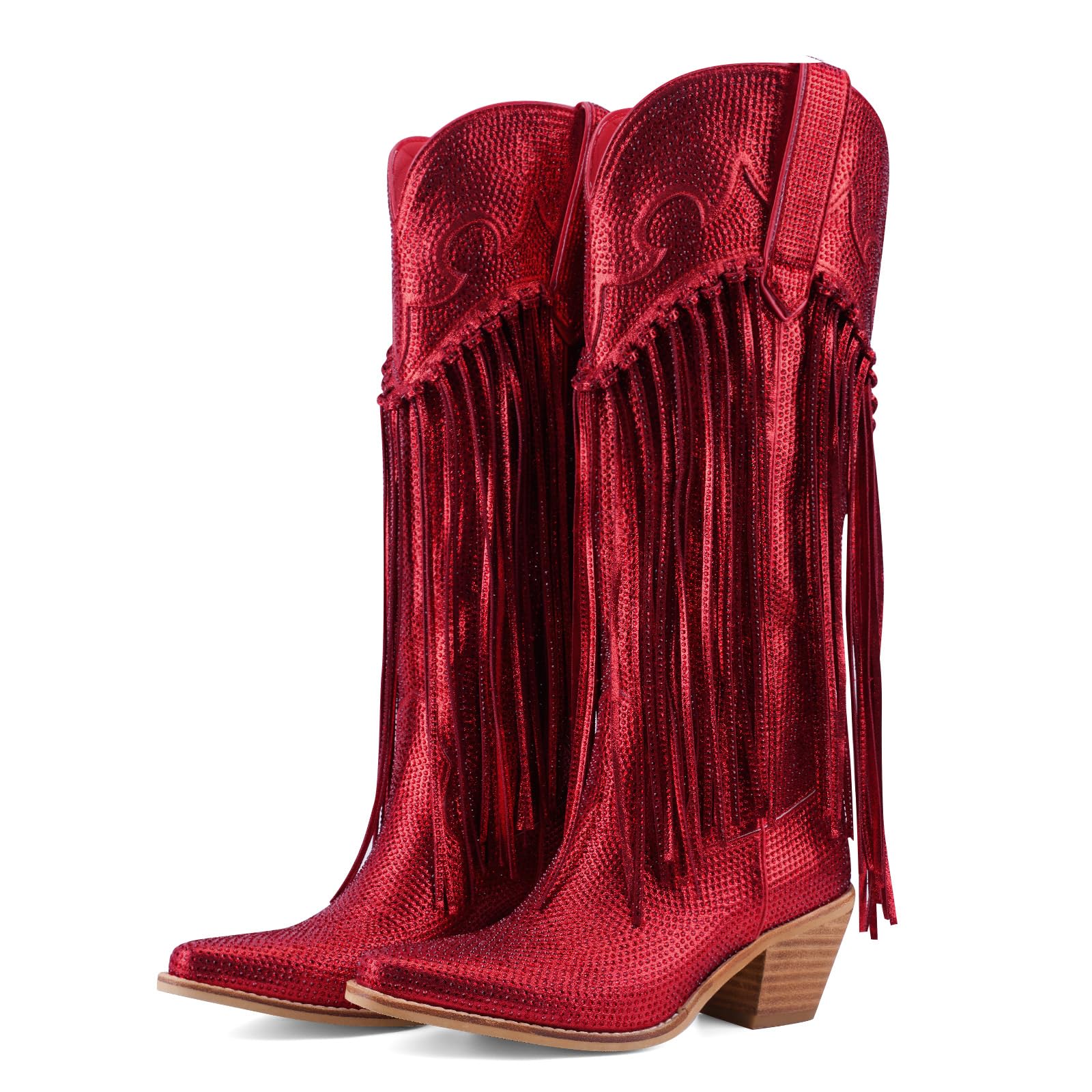 Mid Calf Fringe Cowgirl Boots For Women Embroidered Pointed Toe Chunky Block Heel Cowboy Western Tassel Boot