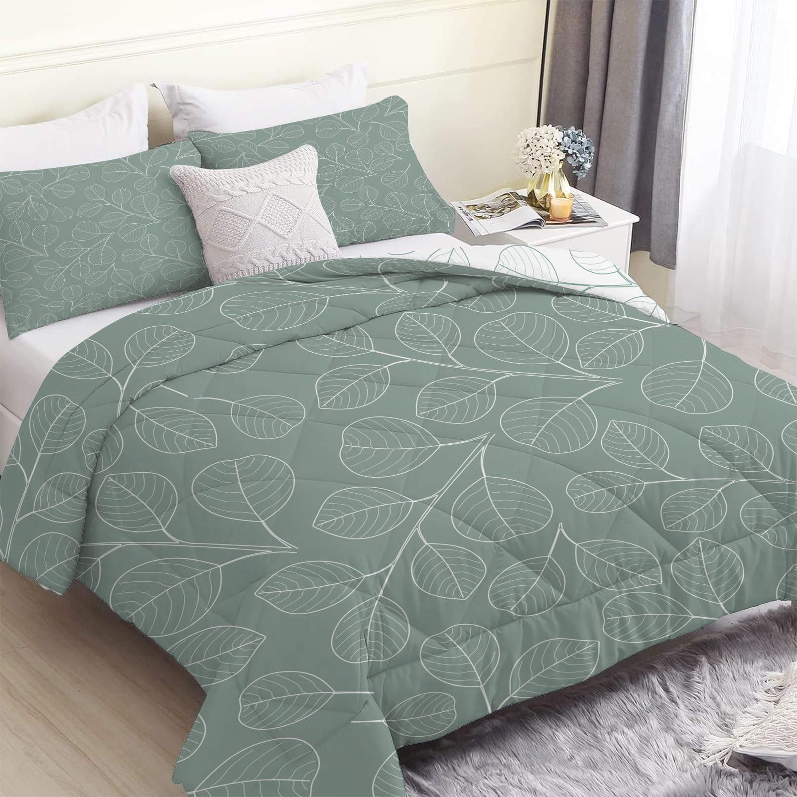 Linfye Sage Green Eucalyptus Leaves Single Duvet, Reversible Coverless White Plants Duvet Single, Anti Allergy Bed Quilt 7.5 Tog for All Seasons - 1 Soft Washable Comforter Bedding with 2 Pillowcases