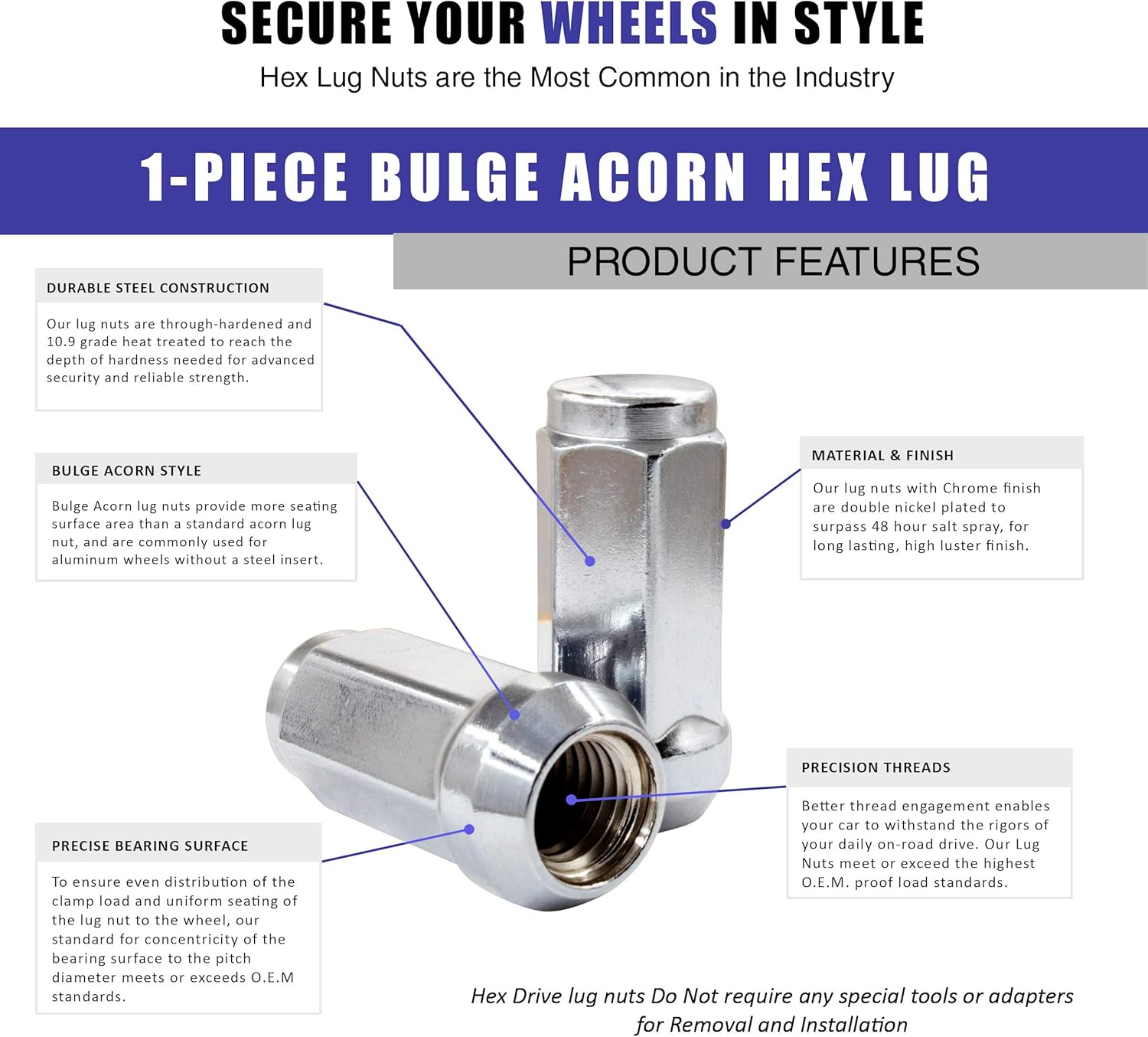 Wheel Accessories Parts 32 Pcs M14x1.5 14x1.5 Thread Bulge Acorn 1.75" Long Lug Nuts Chrome 3/4" 19mm Hex Fits Chevy Silverado GMC Sierra 2500 3500 ｜ Ford F250 F350 ｜ Ram 2500 3500