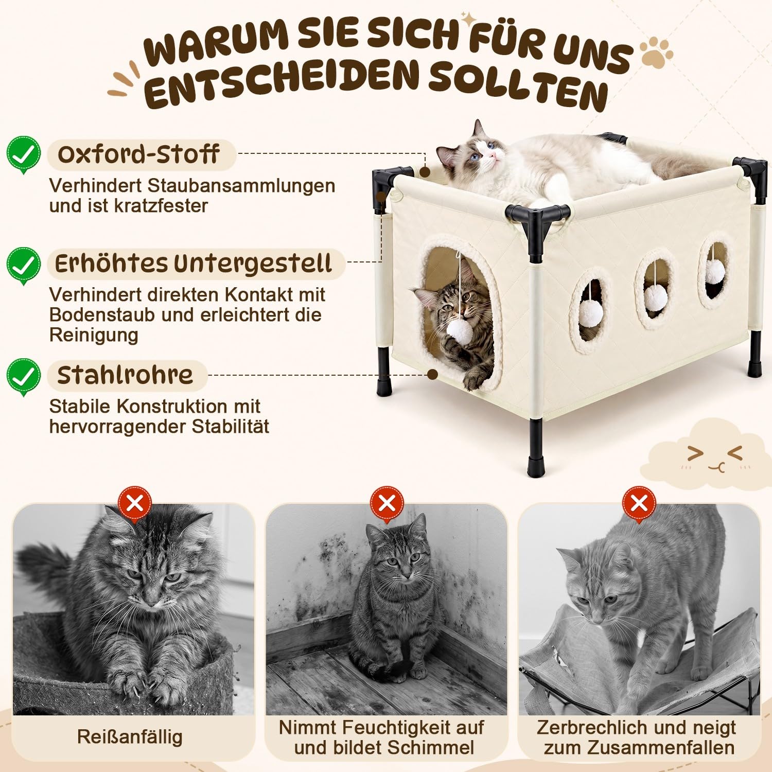 SlowTon Katzenhäuser für Hauskatzen – Überdachtes Katzenbett-Höhlenhaus mit hängenden Flauschigen Bällen & abnehmbarem Plüschmatte, einfache Montage, Katzenversteck für mehrere große und kleine