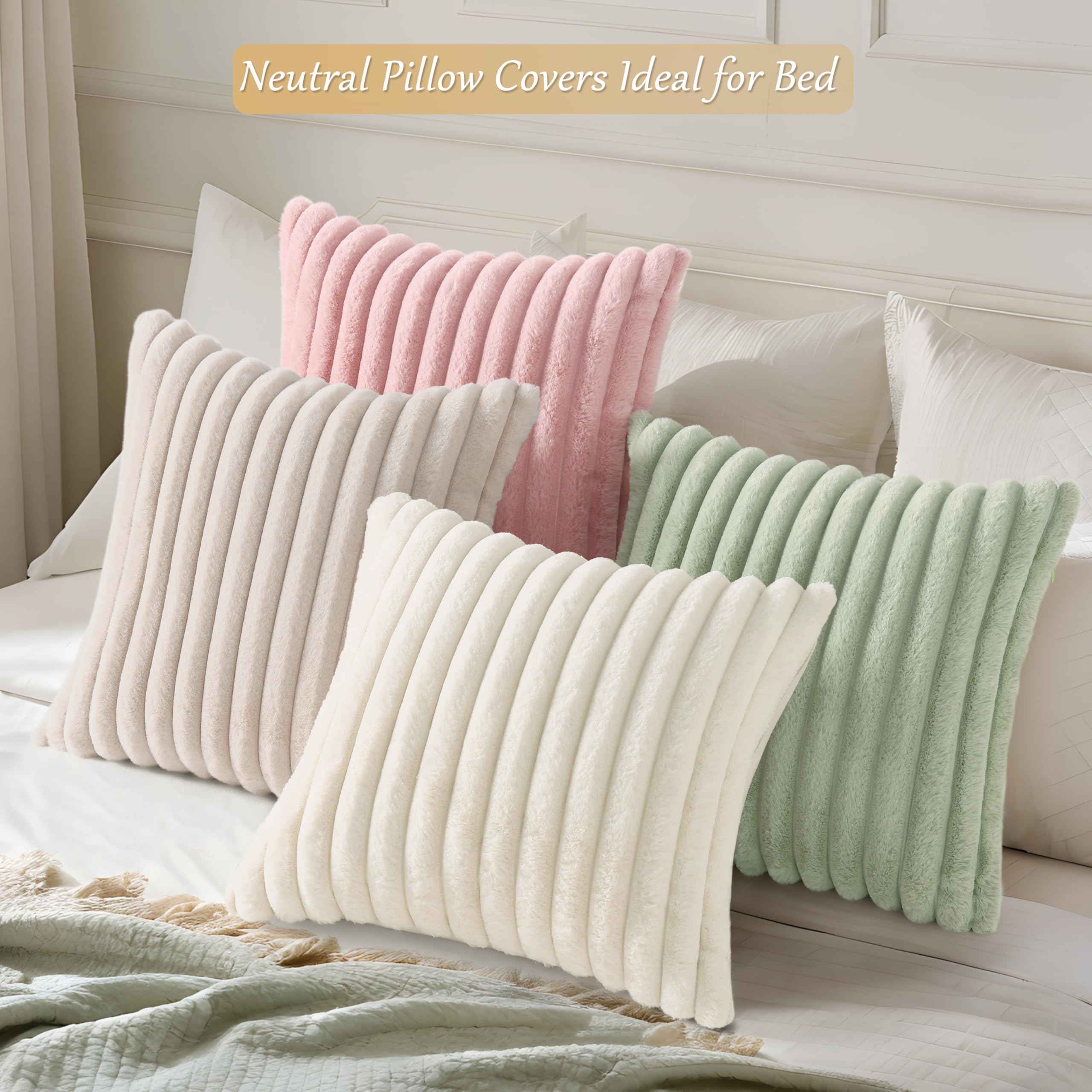 decorUhome Set di 4 federe per cuscini in finta pelliccia, 45 x 45 cm, decorative, moderne e morbide federe in peluche a righe con retro in velluto, per divano, letto, soggiorno, bianco/rosa