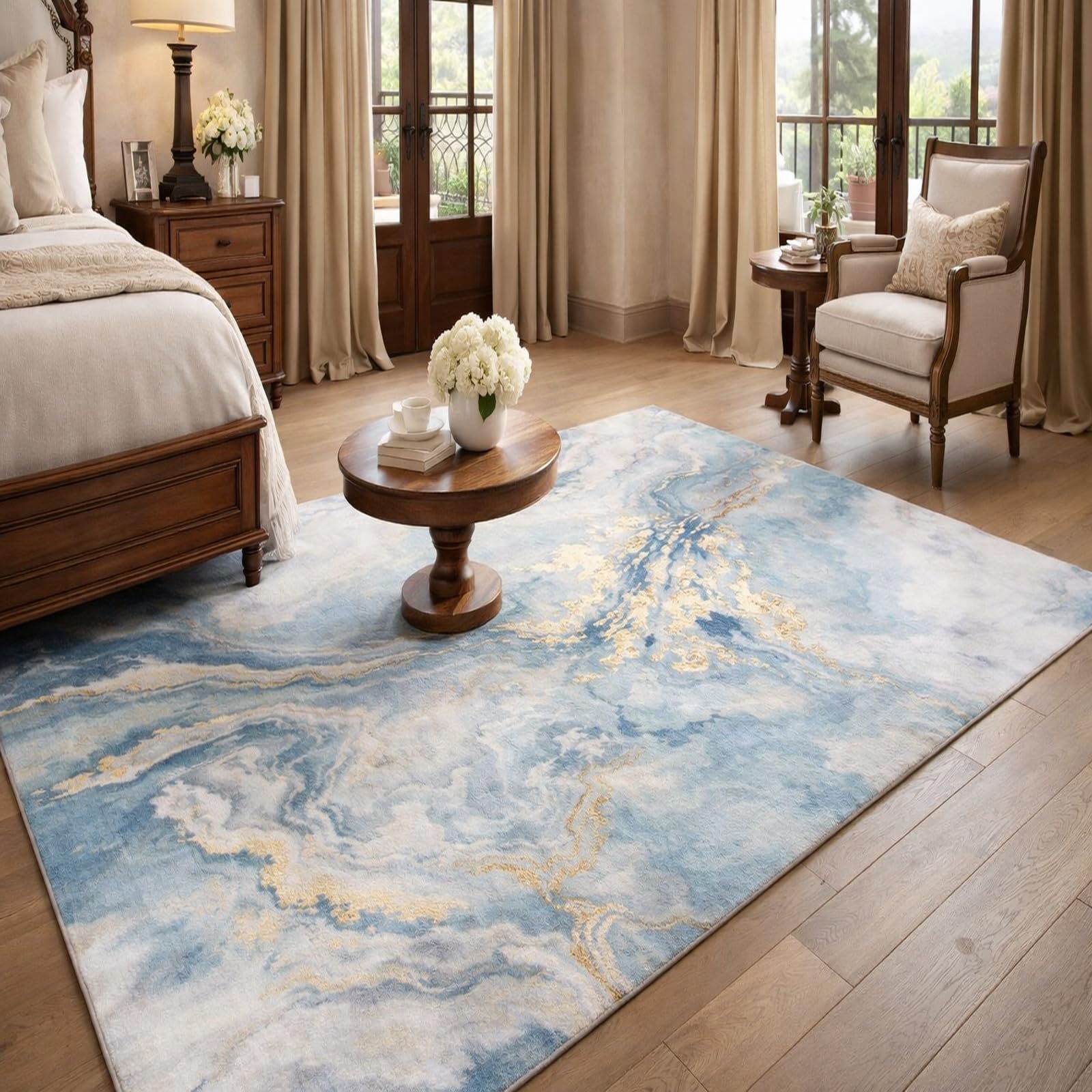 Tapis de salon abstrait bleu et jaune 170x200 cm pour une décoration moderne de chambre
