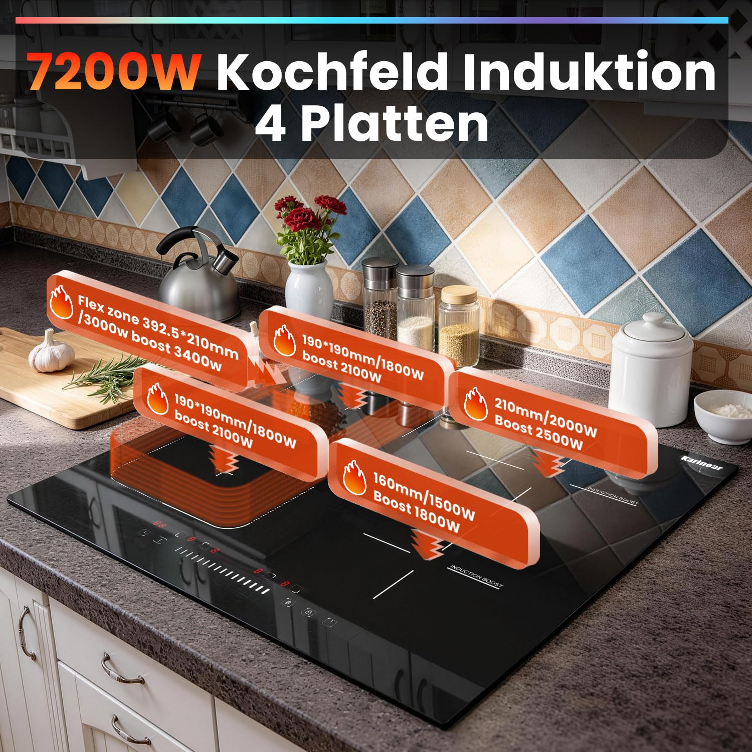 Karinear Induktionskochfeld 60 cm, 4 Platten 7200W, Flex Zone, Boost | Slider-Touch, Autark Induktionskochfeld 60 cm, Kochfeld Induktion mit FlexZone, Boost, Timer, Sicherheitsfunktionen, 240V