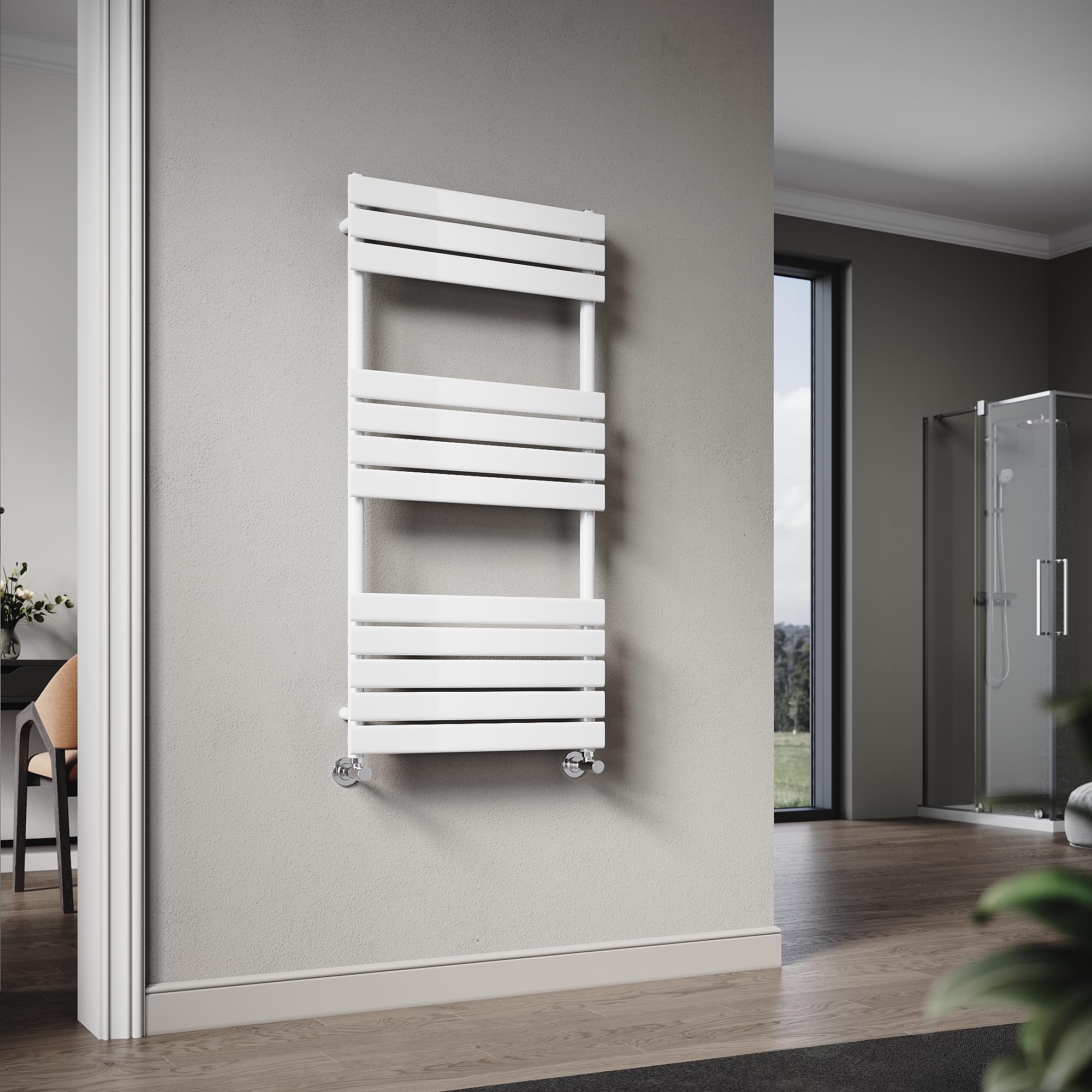 ELEGANT Flat Panel Heated Towel Rail White Bathroom Ladder Radiator 1200 x 600 mm Central Heating Towel Radiator