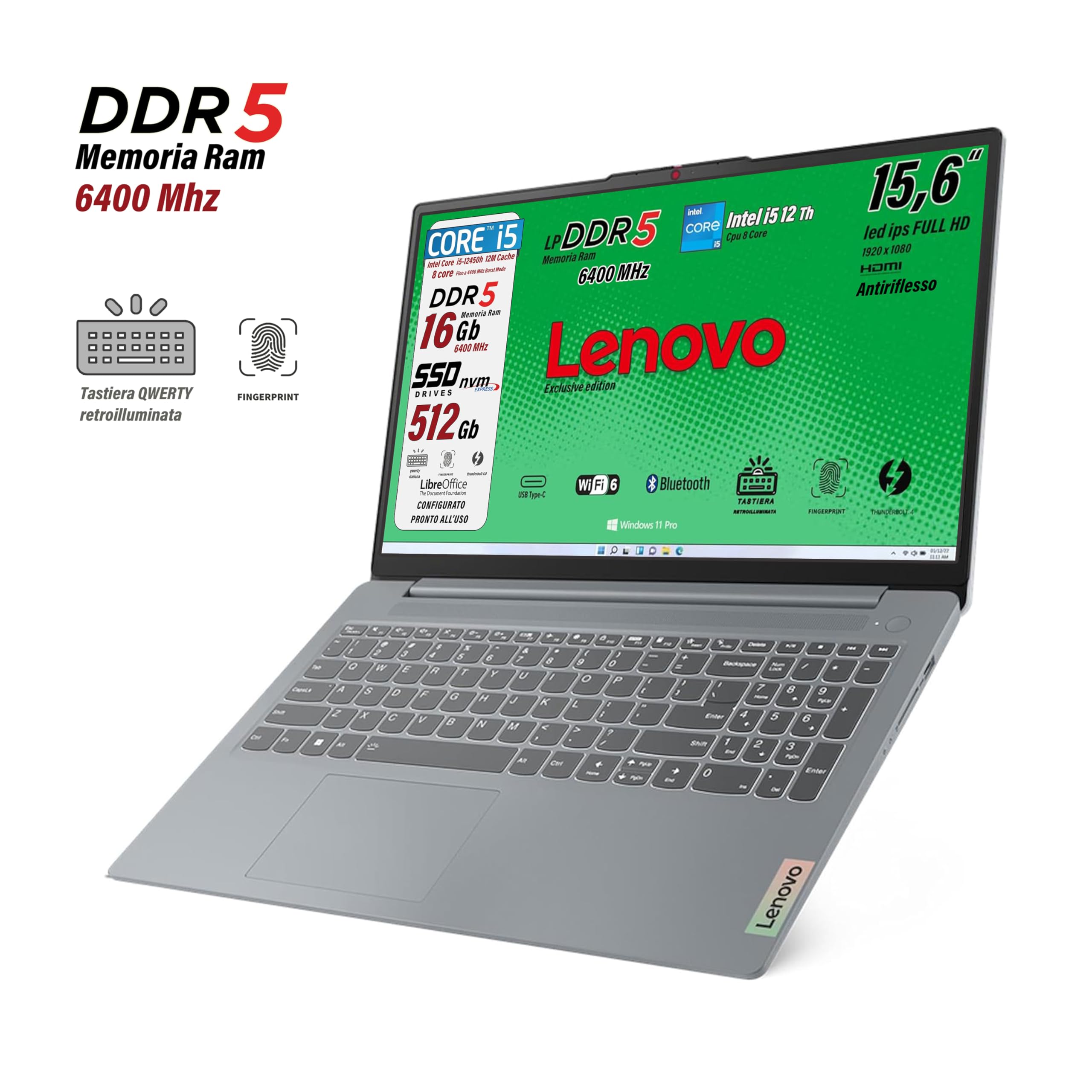 Lenovo, pc portatile, i5 12450H 8 Core, Ram DDR5 16Gb, Display IPS FHD 15,6", SSD 512Gb, Wi-Fi, Bt, USB, Thunderbolt 4.0, Tastiera retroilluminata, fingeprint integrato, Win11 Pro, Pronto all'Uso