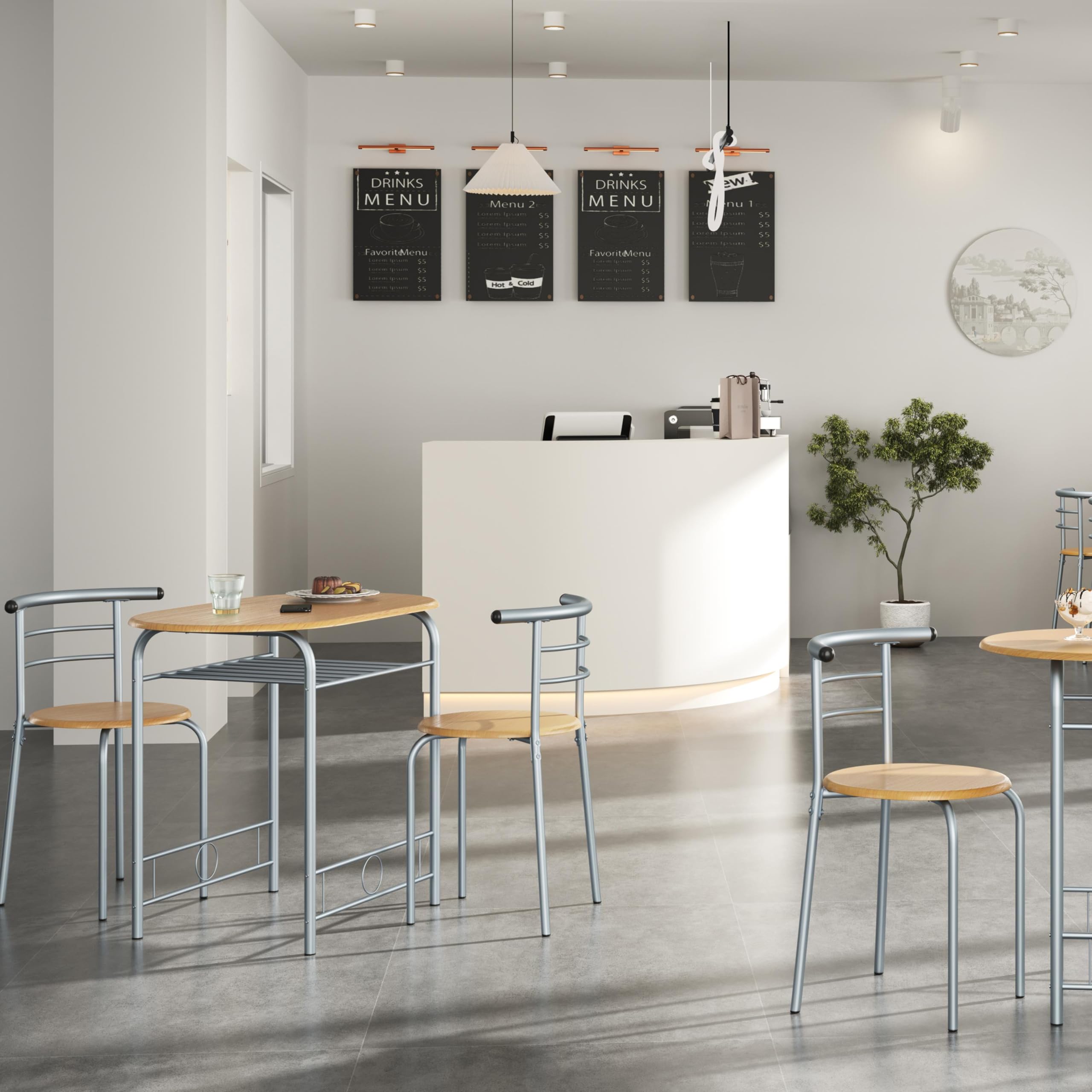 Yaheetech Juego de Comedor de 3 Piezas con Estante para Vinos, Mesa y 2 Sillas para Cocina, Muebles Ahorro de Espacio con Almacenaje, Medidas 90 x 53 cm, Estilo Moderno Color Madera