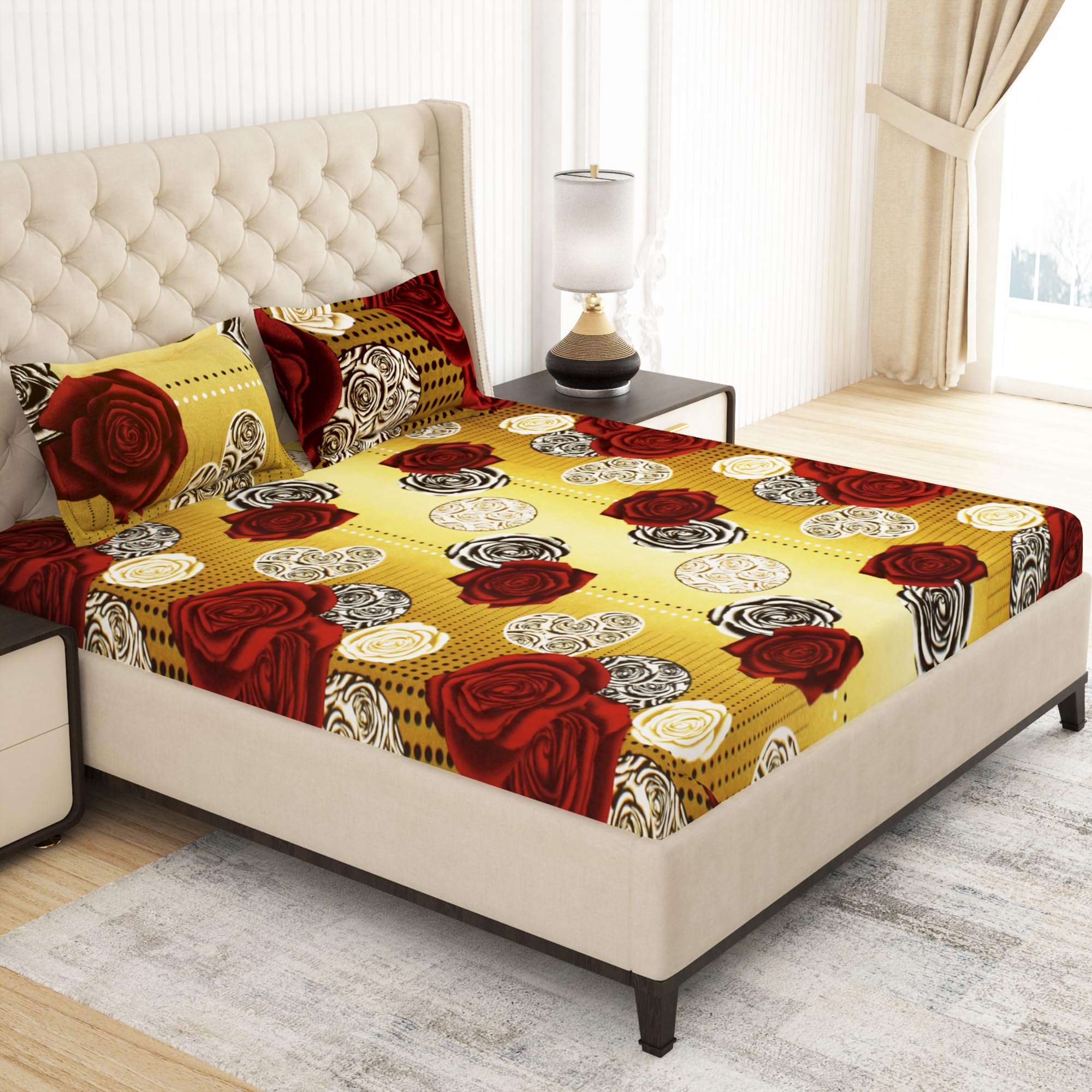 MollisHomes Bedsheets for Queen Size Bed 150 TC Cotton Feel Microfiber 1 Double Bedsheet with King Size Pillow Cover, Mustard Floral Design, 220 x225 cm-image-21