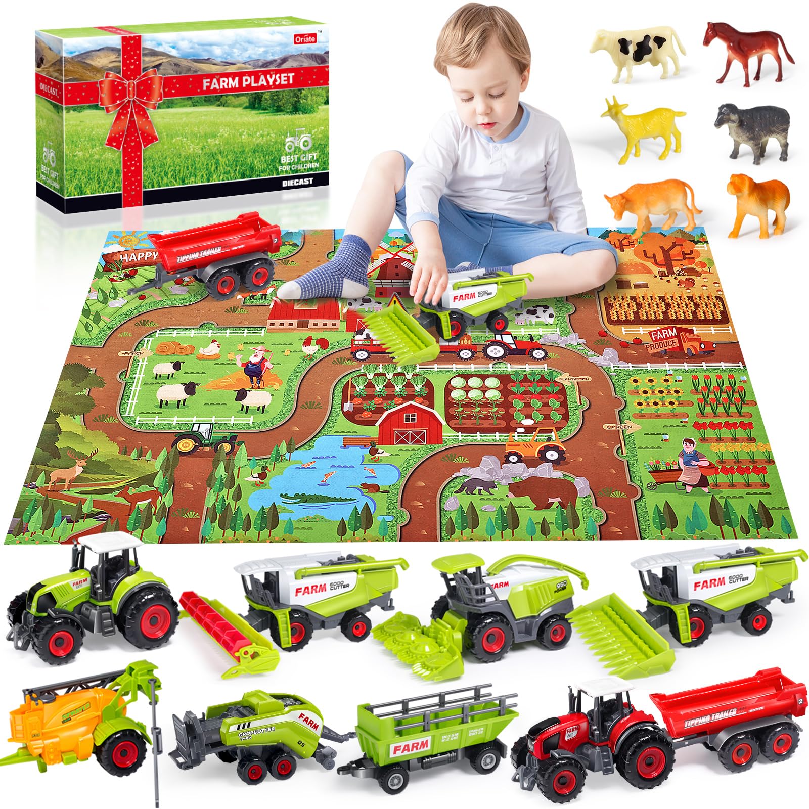 Oriate Farm Tractor Set 34 Piece Die Cast Vehicle Value Playset, Large Size 4.8" Tractors Toy Kids Birthday Gift, Farm Play Mat Tractors Animals