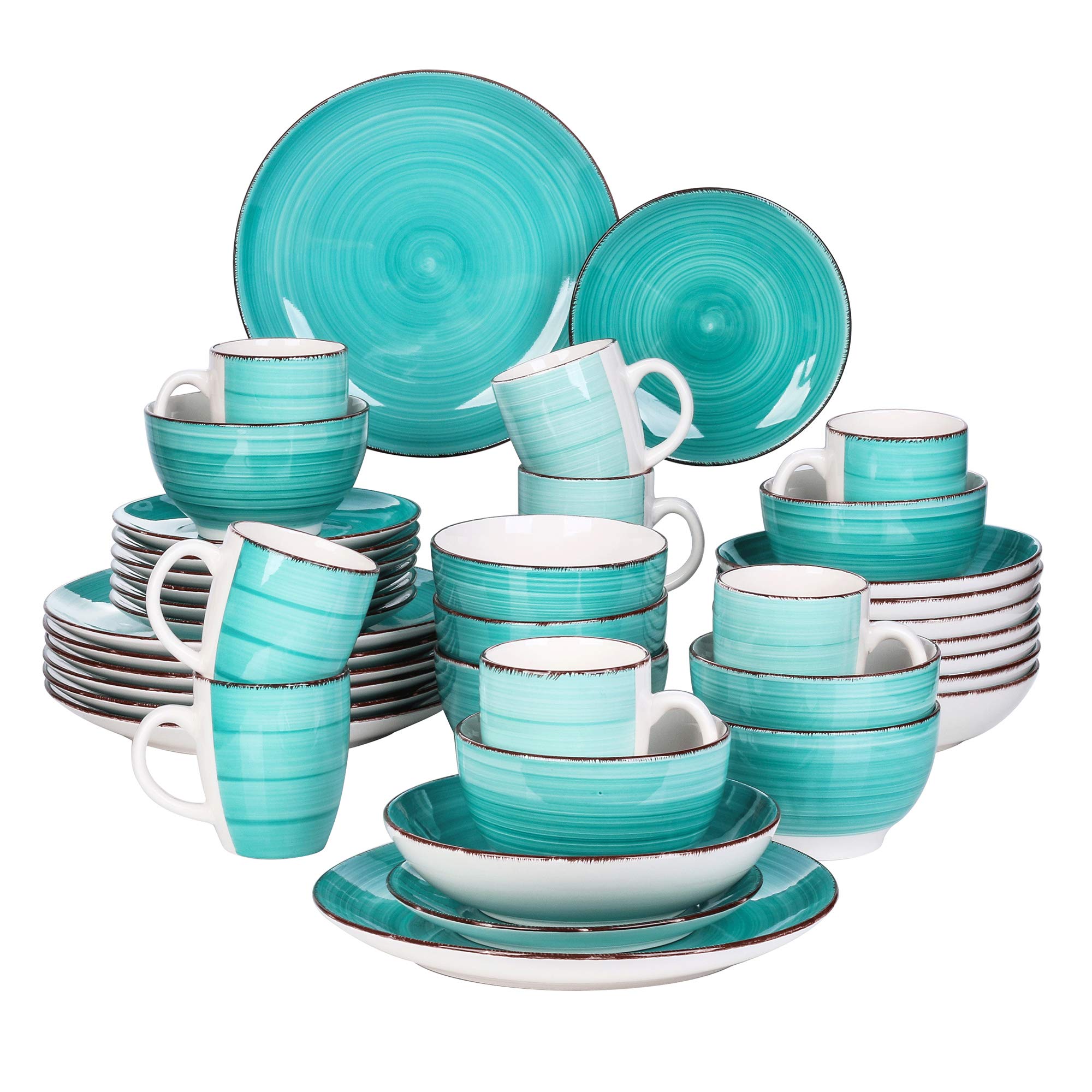 vancasso Bella Dinner Set for 8, Stoneware Plate Bowl Set Handpainted Tableware, 40 Piece Green Dinner Service with Dinner Plate/Dessert Plate/Cereal Bowl/Soup Bowl/Mug, Rustic Chic Style