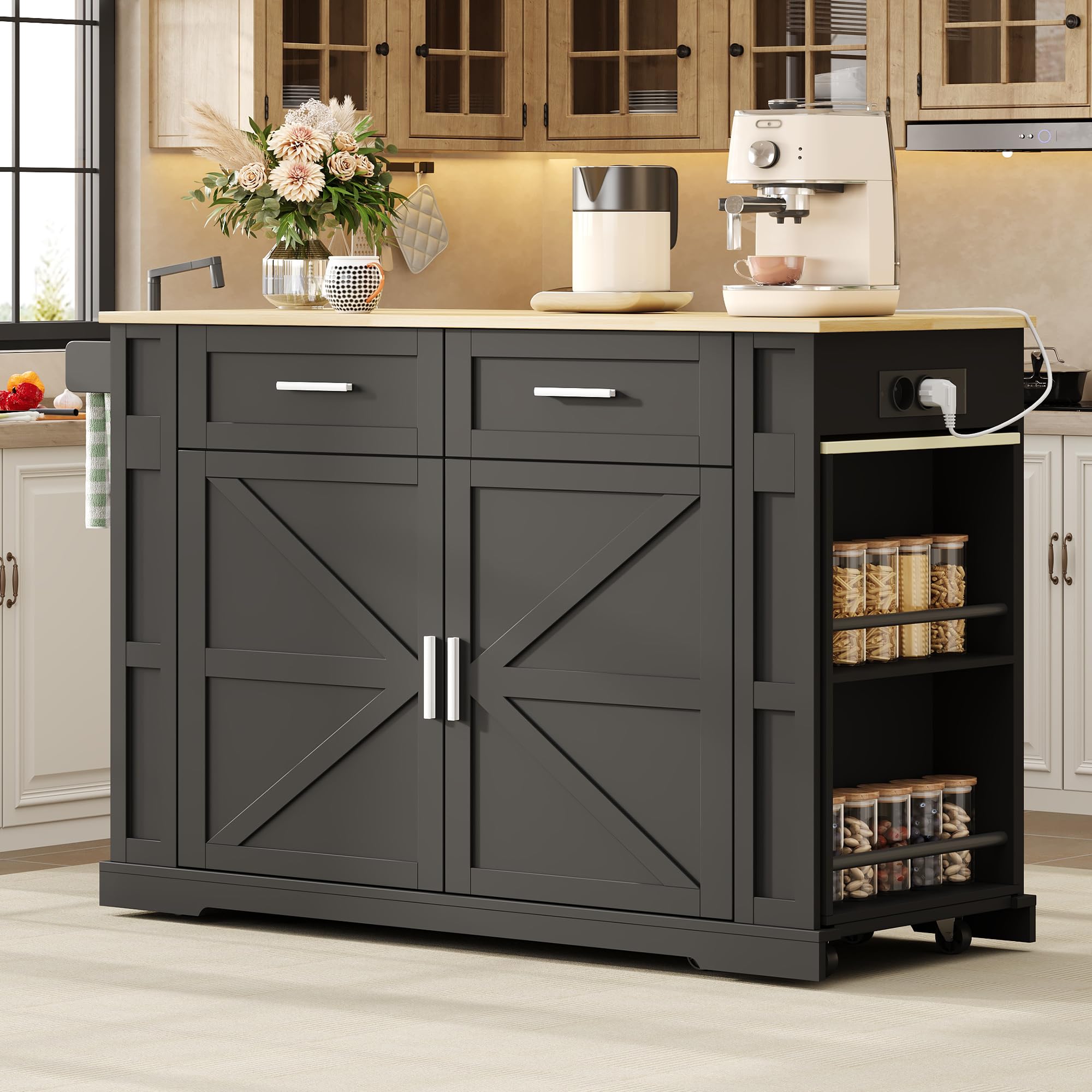 Isola da cucina con piano di lavoro estraibile, carrello da cucina 120 × 50 × 93 cm, 2 cassetti, armadio a doppia porta, ripiano regolabile, portasciugamani e 7 ruote, nero/rovere, nero +