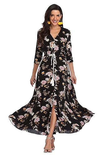 Summer Floral Print Maxi Dress Women Button Up Split Long