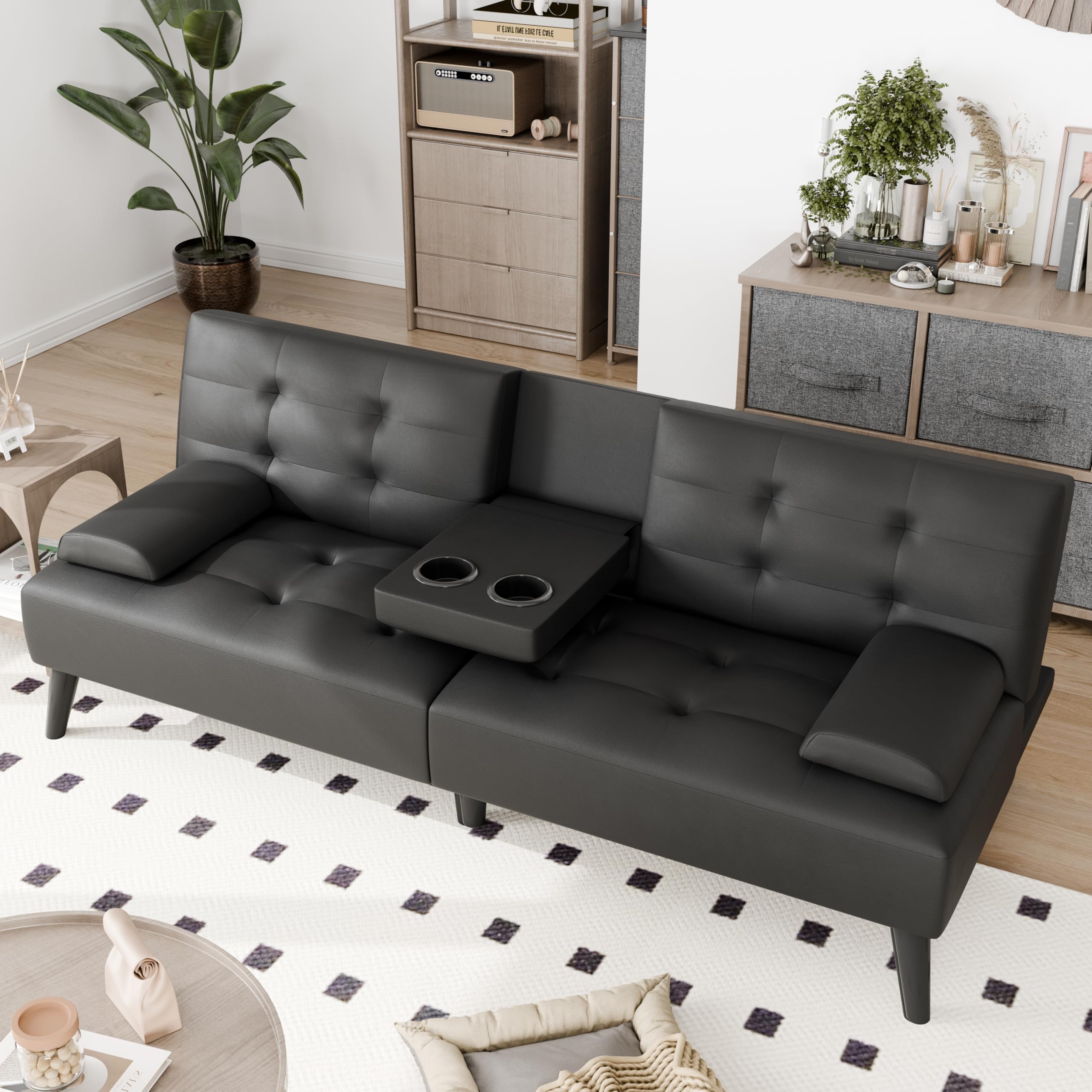 Futon Sofa Bed, 64" Small Futon Couch with Adjustable Backrest, 3-Angle Recliner, Detachable Armrests with Cup Holders for Small Spaces, Living Room, Office, Apartment, (Black Leather)