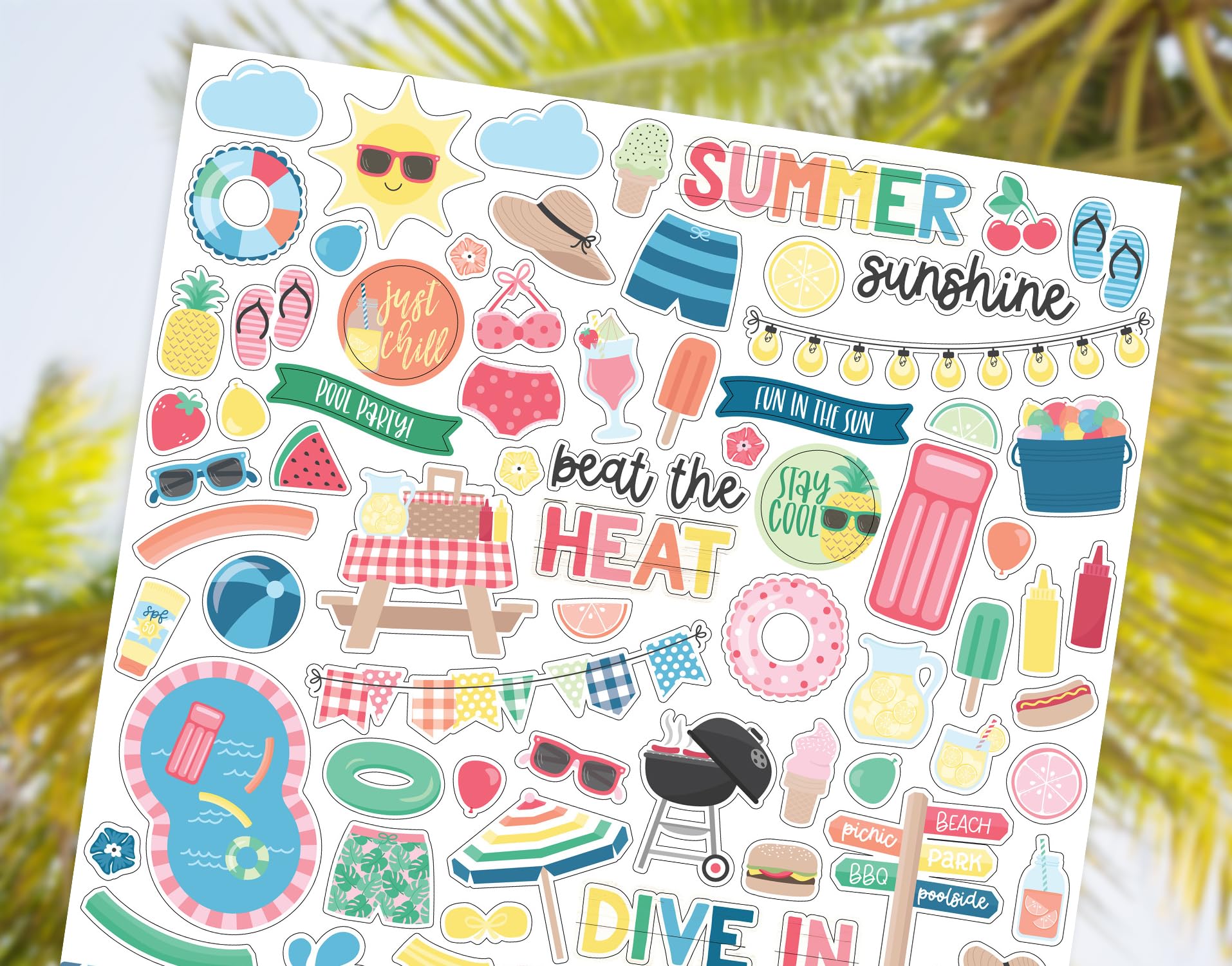 Sommer Scrapbook Aufkleber - Strand Scrapbooking Aufkleber mit Pool, lustige Sätze, Strandball, Grill Design | Scrapbook Sticker Sommer Thema Set für Urlaubsplaner, Fotoalbum, Reisetagebuch