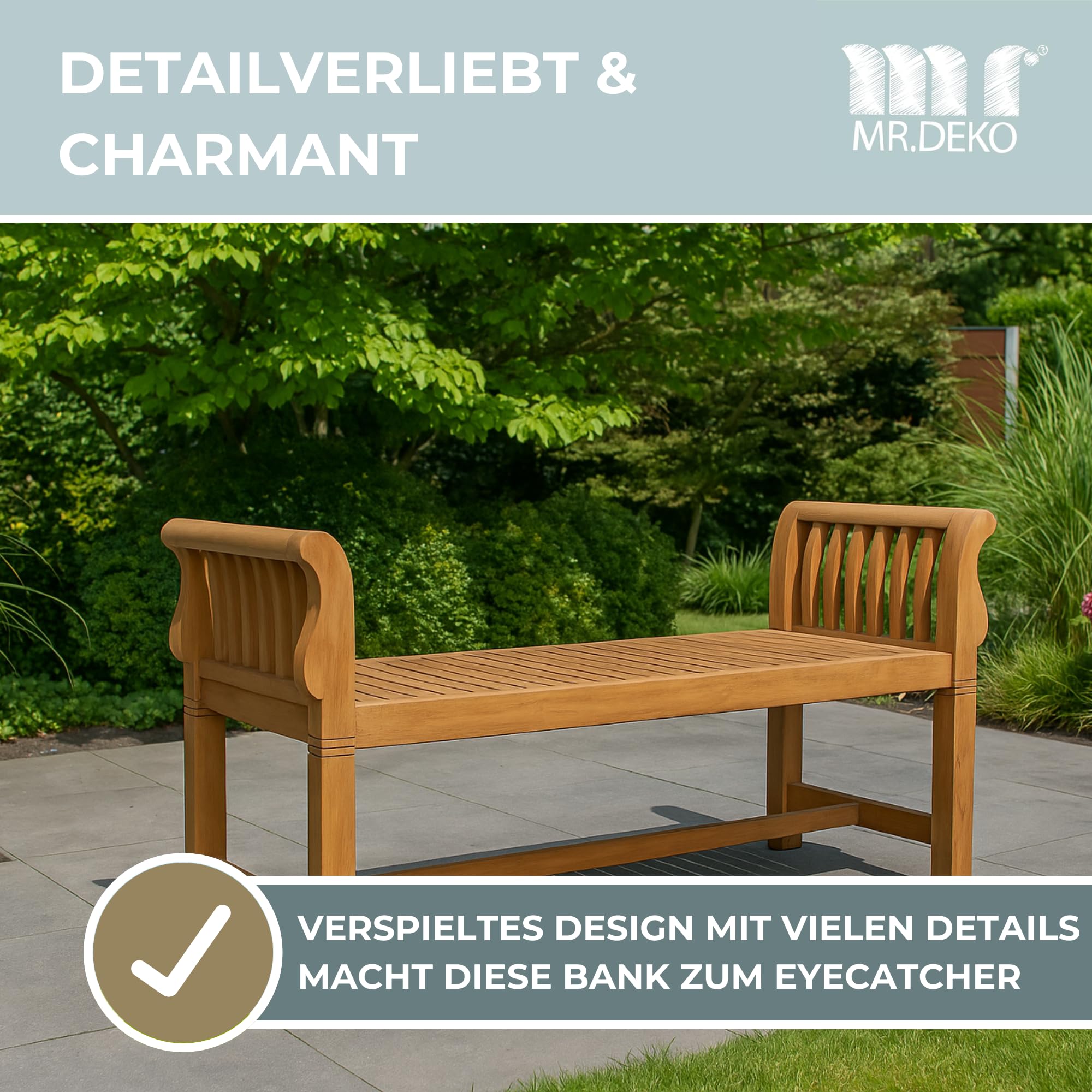 MR. DEKO Gartenbank 2-Sitzer Wigan 130cm Balkon Sitzbank-wetterfest | Holz Bank ohne Rückenlehne