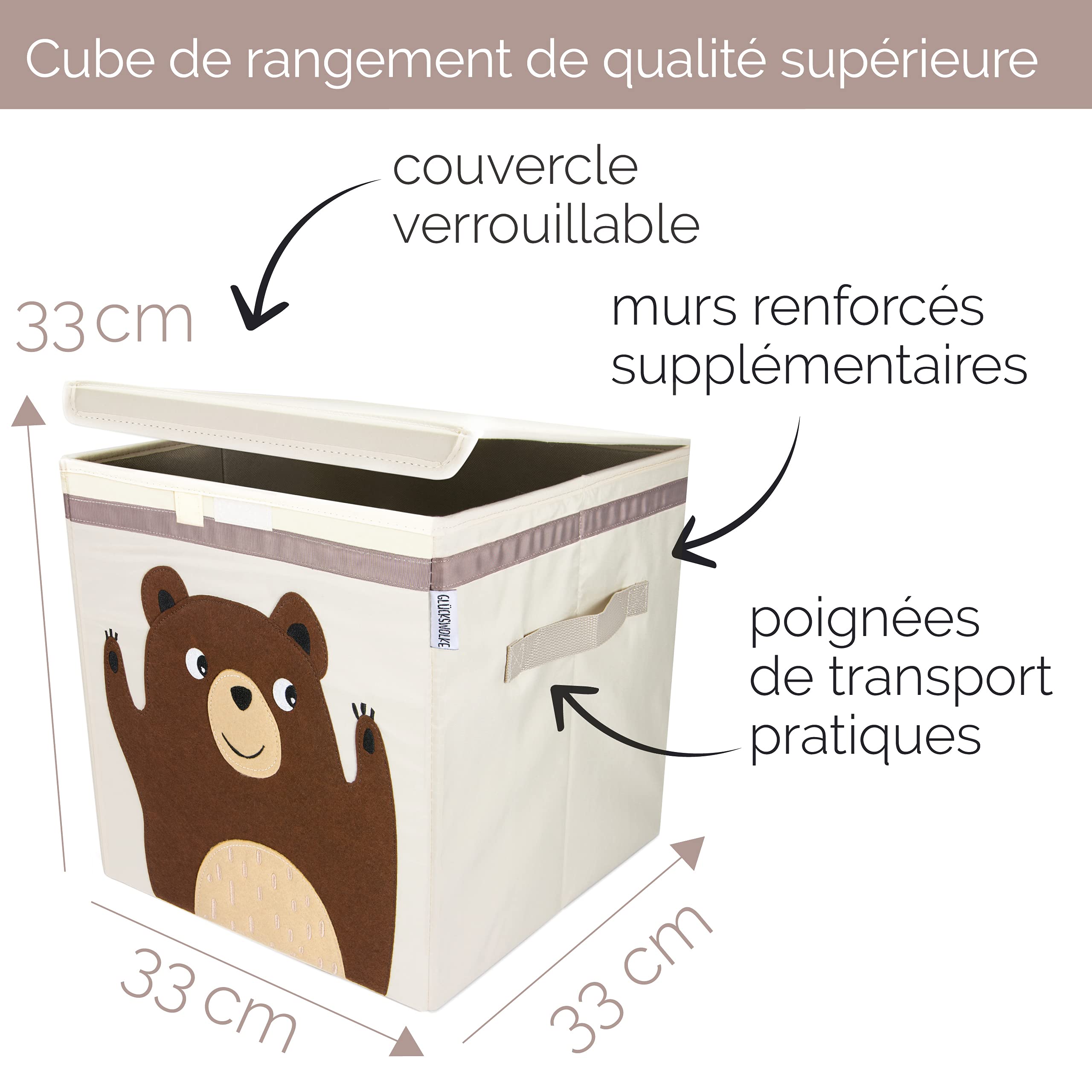 GLÜCKSWOLKE Boite de Rangement Enfant - 15 Motifs I Coffre à Jouet I Caisse Cube (33x33x33) I Bac à Jouets avec Couvercle - Chambre Bebe I Panier à Jeux pour Fille et Garcon (Ours)