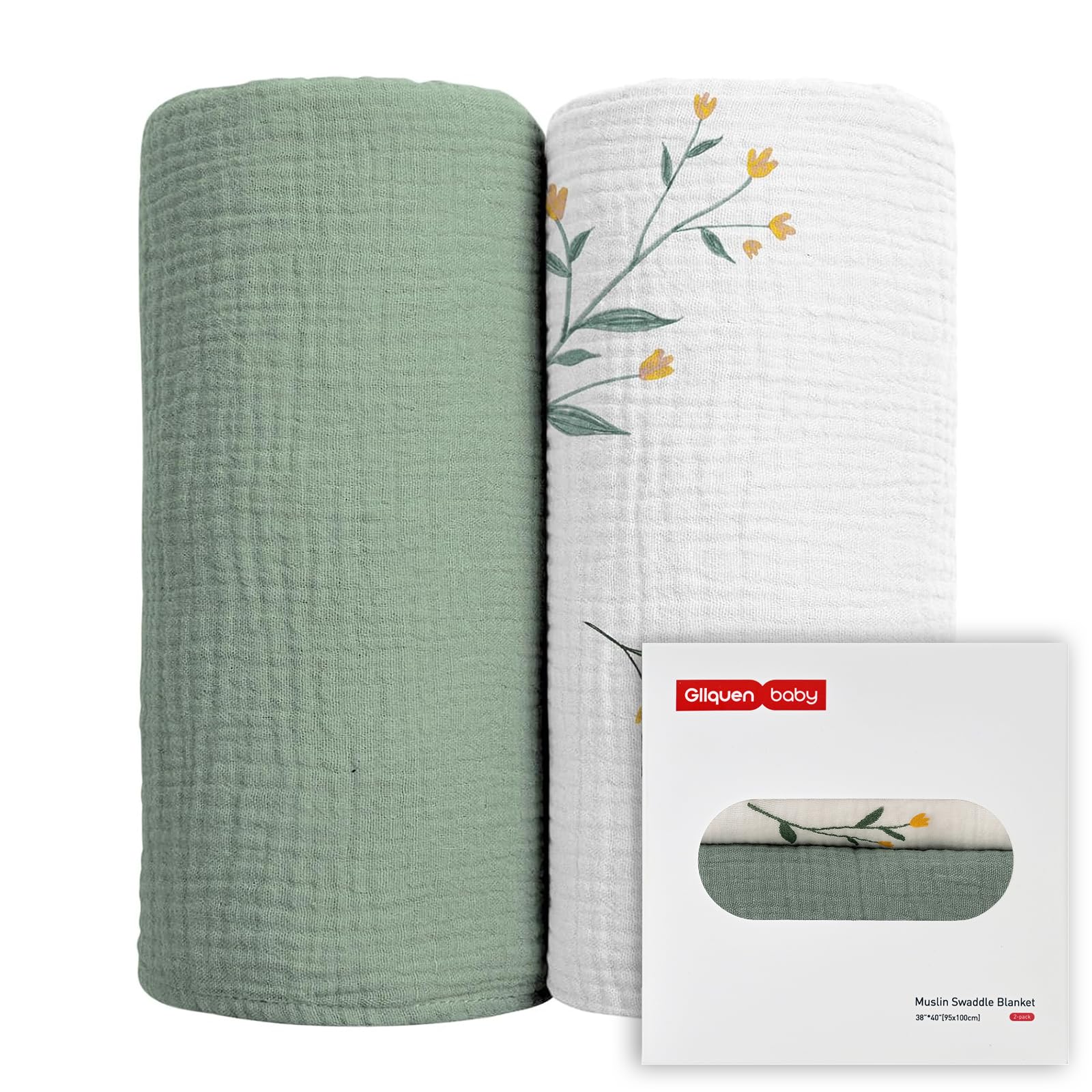 GLLQUEN BABY 2-Pack Muslin Swaddle Blankets for Unisex, Baby Swaddle Blanket for Boys and Girls, Soft Breathable Receiving Blankets Neutral, Newborn Essentials, Registry & Gift, 40 x 38 inches