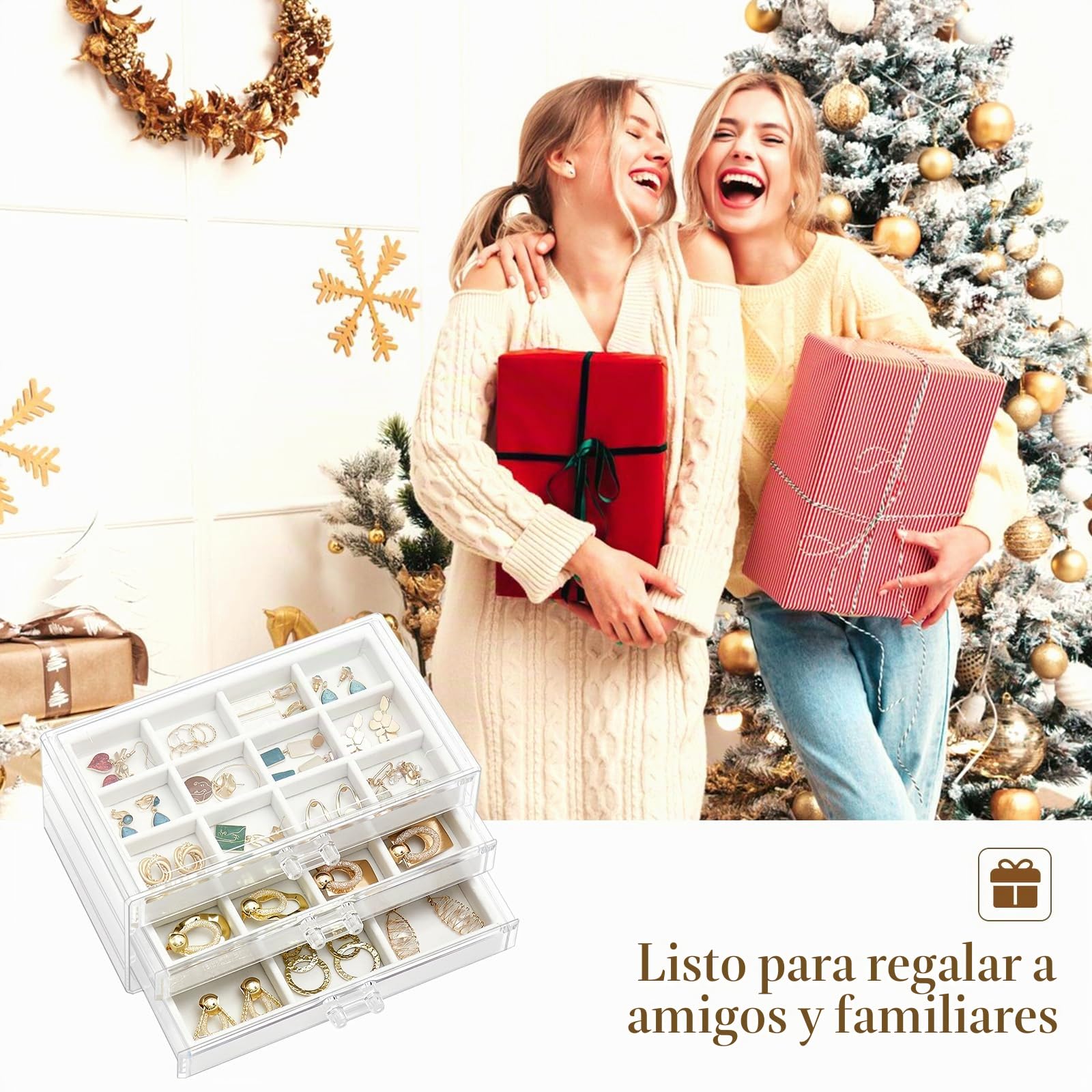 ProCase Organizador para Joyas de Acrílico, Bandeja de Joyas con 3 Cajones Exhibición Transparente de Pendientes, Collares, Anillos para Mujeres y Chicas -Blanco Cálido