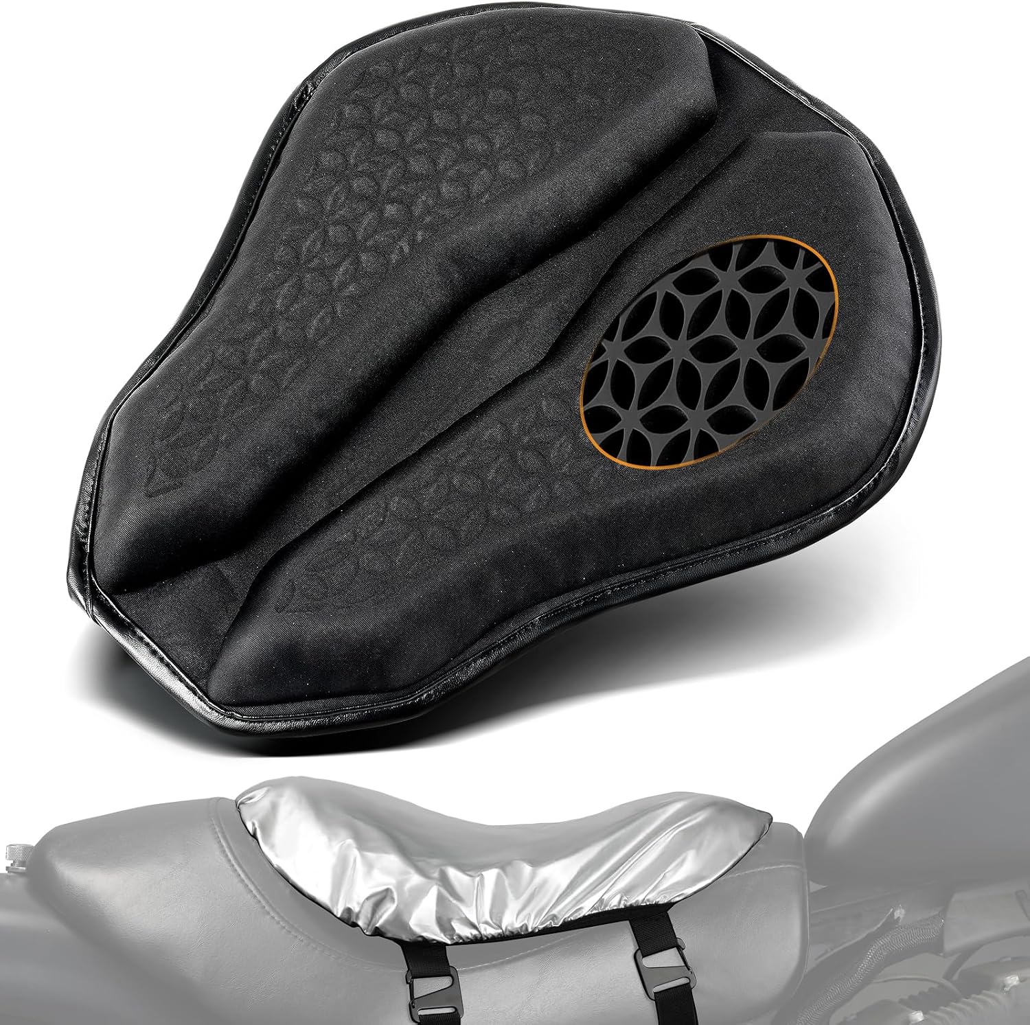 PBYMT Universal Motorcycle Gel Seat Pad, Motorcycle Seat Cushion with Sunshade Cover, Large 3D-Honeycomb Structure TPE Shock Absorption and Breathable for Long Rides