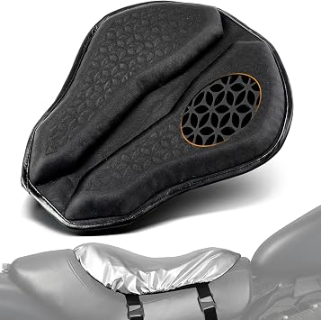 PBYMT Universal Motorcycle Gel Seat Pad, Motorcycle Seat Cushion with Sunshade Cover, Large 3D-Honeycomb Structure TPE Shock Absorption and Breathable for Long Rides