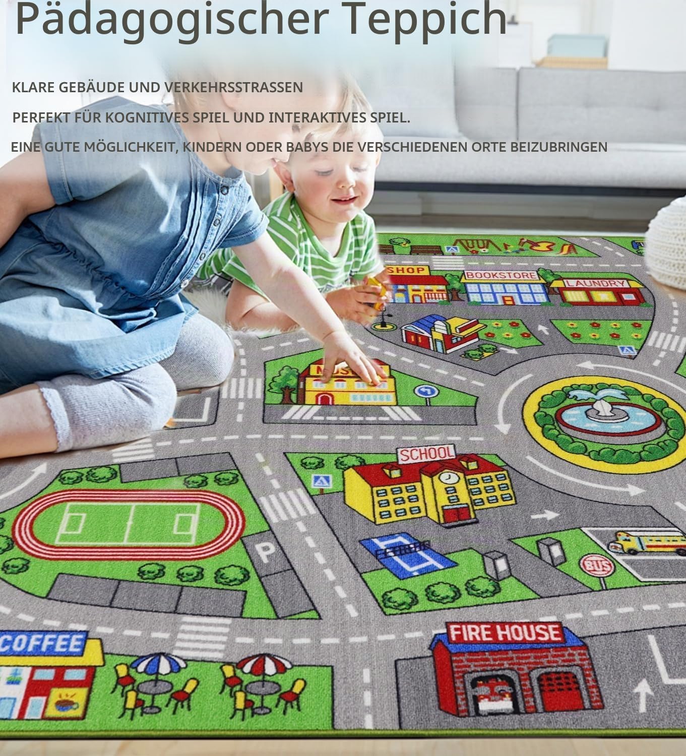 Capslpad Autoteppich Kinder 150x200cm rutschfest Kinderteppich Stadtplan Interaktiver Spielteppich Waschbar Kreativ Pädagogisch Spielmatte für Kinder Teenager Kinderzimmer Spielzimmer Dekor, Grün