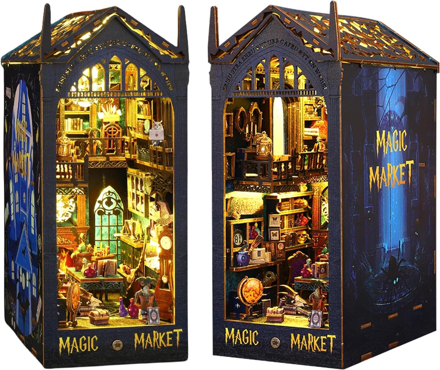 ROCOXIA DIY Book Nook Kit, Booknook Shelf Insert Book Nook DIY Miniatures Kit Light Up Bookends Book Nooks DIY Dollhouse Bookshelf Insert Kit for Adults (Magic Market with Music Box)