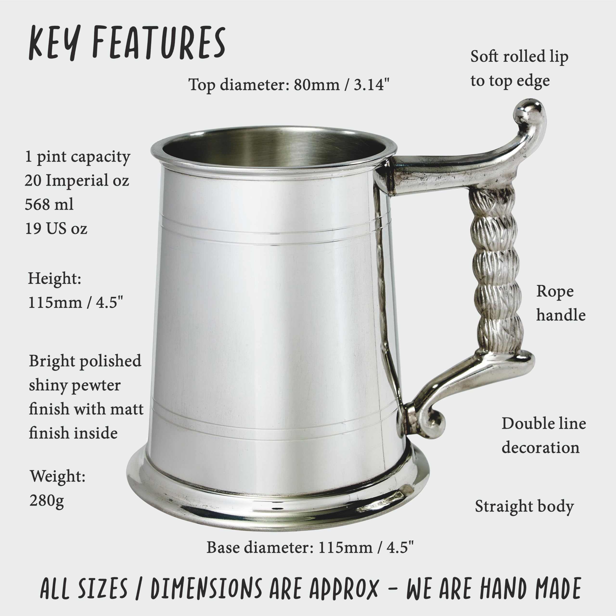 Wentworth Pewter Kufel z uchwytem linowym – 1 kufel tradycyjnego kubka do piwa z ozdobnym uchwytem w stylu liny – klasyczny prezent