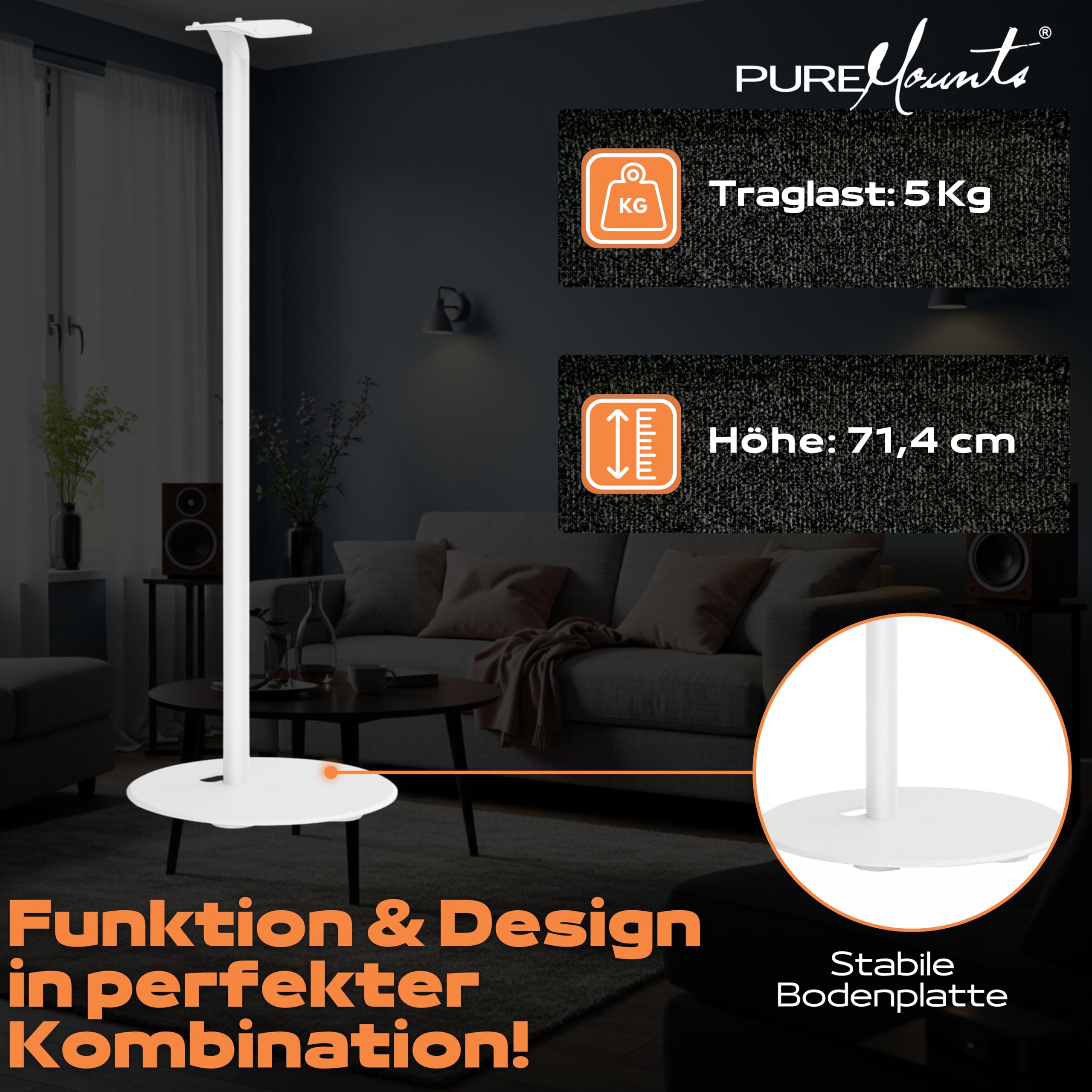PureMounts Lautsprecherständer für Sonos Era 300, Lautsprecher Ständer, Boxenständer mit Kabelmanagement, 5Kg Tragkraft, weiß