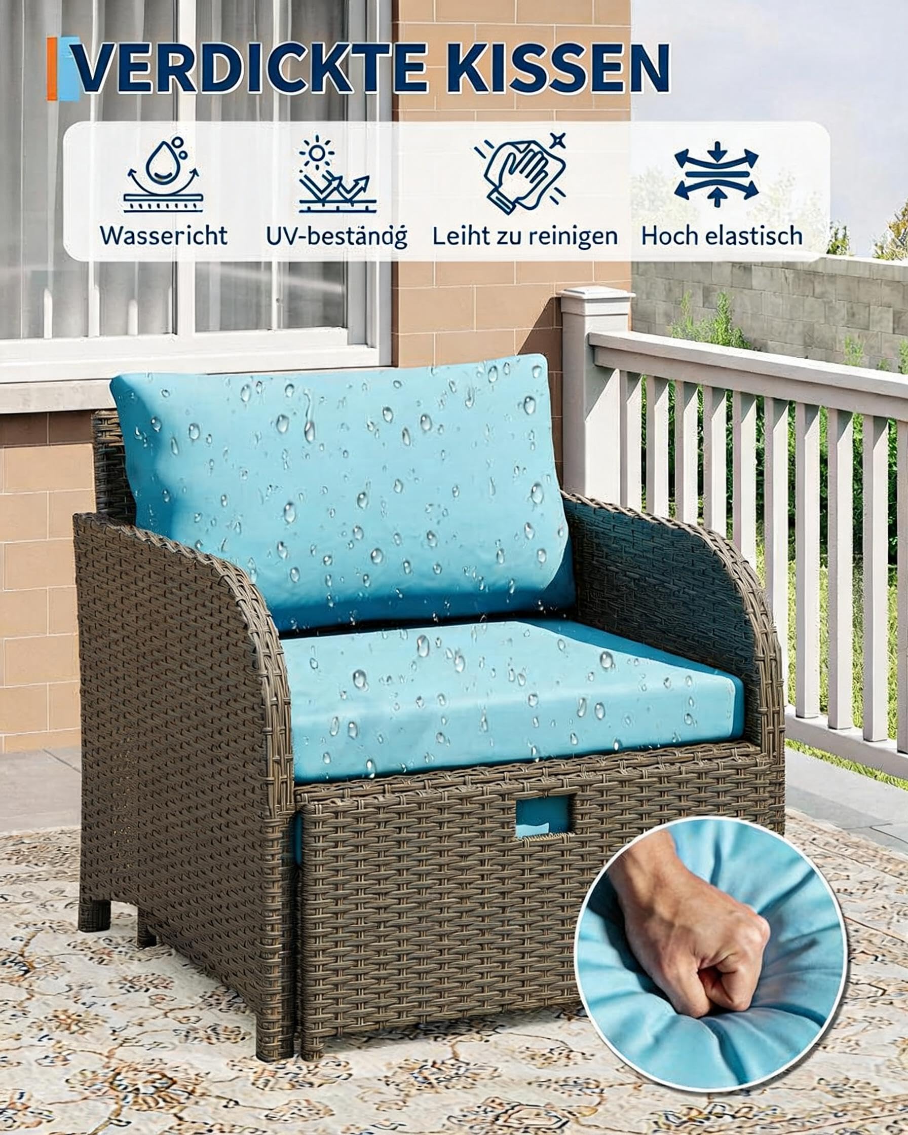 5-TLG Rattan Gartenmöbel Set, Balkonmöbel mit 2 Gepolsterte Sessel & 2 Hocker & 2-stöckiger Kaffeetisch, Wetterfeste Terrassenmöbel mit Sitzkissen für Garten, Terrasse, Indoor Balkon, Beige