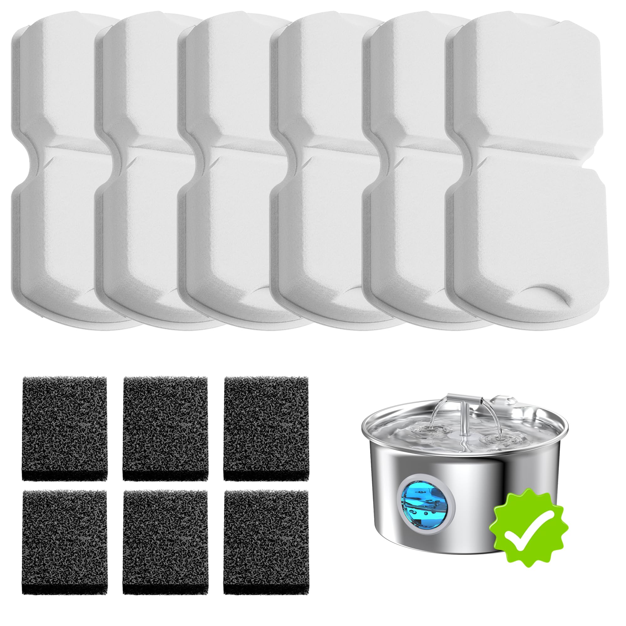 UMOCUOY Cat Water Fountain Filter: 12 Pet Fountain Replacement Screen for Stainless Steel - 6 Carbon Filters & 6 Foam Filters - Suitable for Cat Water Fountain Stainless Steel S17