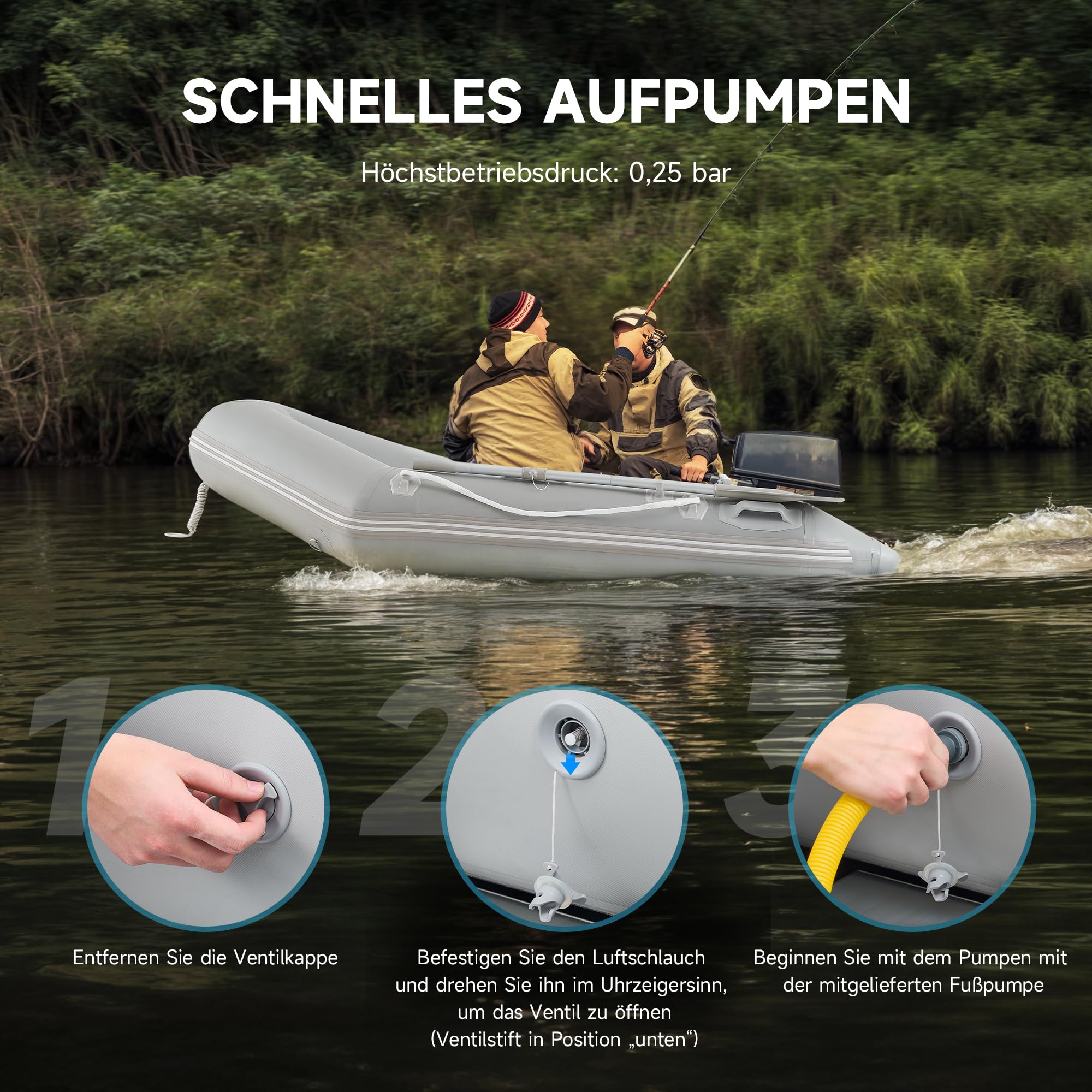 DARTMOOR Schlauchboot für Erwachsene 2 Personen Aufblasbares Boot mit 2 Paddel und Luftpumpe Grau Paddelboot Ruderboot Schlauchboot Angeln mit Sitzbank Aluboden