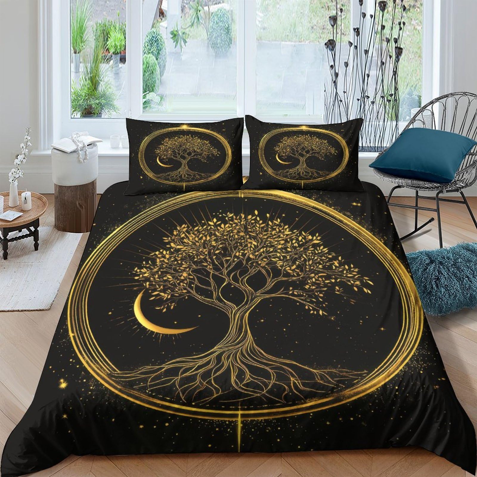 Ctjqhvkz Style-4 3D Printed Golden Tree Fitted Sheet Microfiber Soft Black Moon Bed Cover For Bedroom Guest Room Dustproof Easy Care Single（135X200cm）