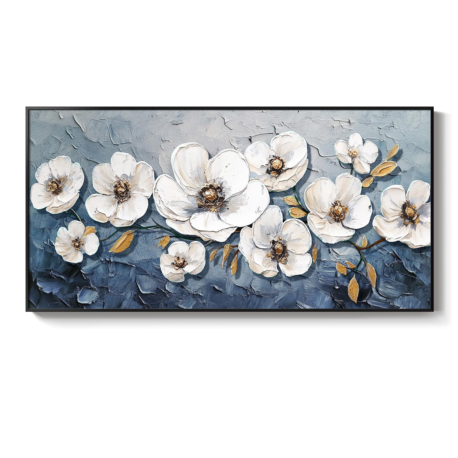 Extra Large Framed Blue and White Floral Wall Art for Living Room, Modern Flower Contemporary Artwork Canvas Print Painting for Bedroom Home Office Hallway Decoration 30x60 Inch