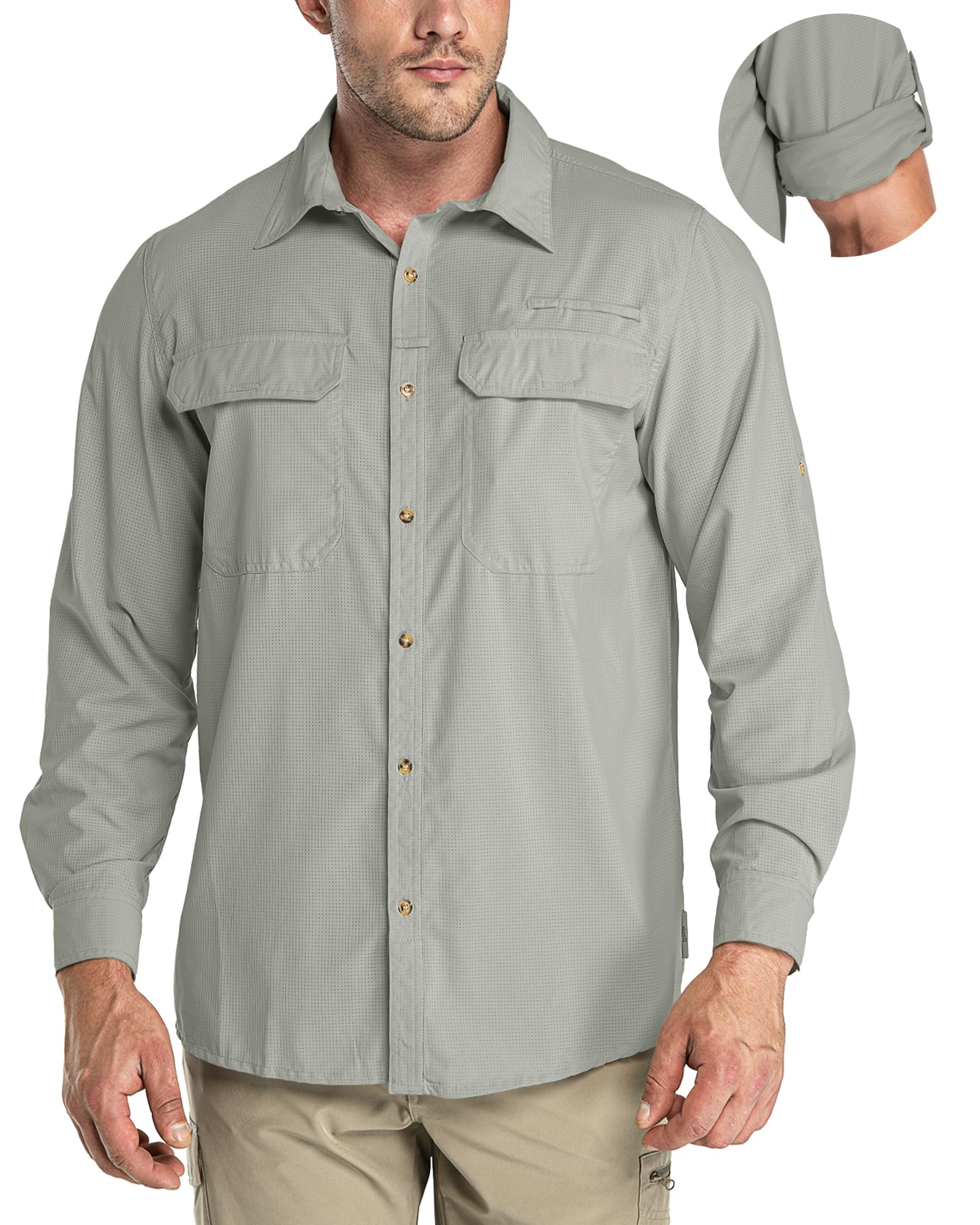 FAWHEWX Outdoorshirt voor heren, met lange mouwen, wandeltop, zonwerend shirt, sneldrogend, licht met zak, shirt, lente, zomer, knoopsluiting, ademend, sneldrogend, met zak, voor golf, UK 4XL, C-kaki