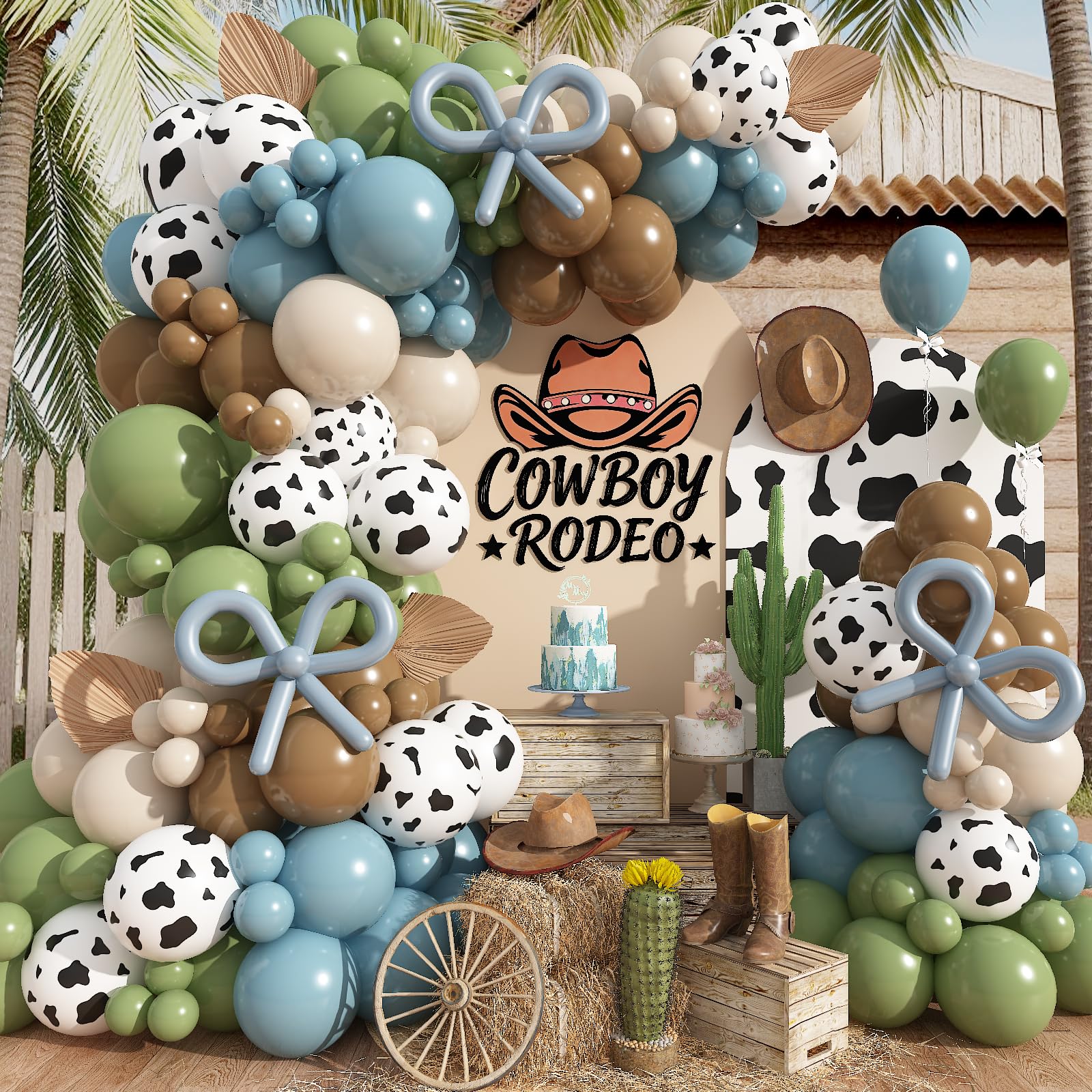 126Pcs Western Cowboy Balloon Arch Kit Green Blue Brown Cow Print Balloon Garland Dusty Blue Sage Green Khaki Sand White Birthday Party Balloons for Boys Girls Rodeo Farm Animal Baby Shower Decoration โ image 1