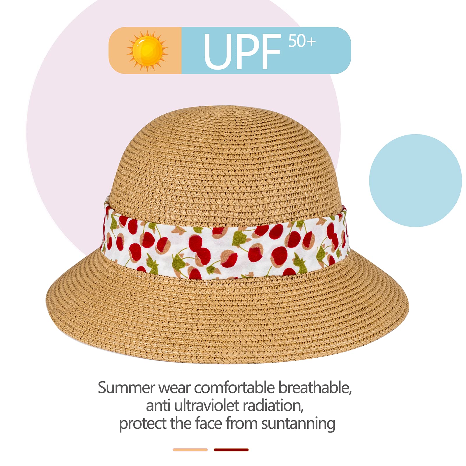 Cappello di paglia da sole per bambine, estivo, da spiaggia, ripiegabile, misura regolabile, con sottogola, per 5-10 anni