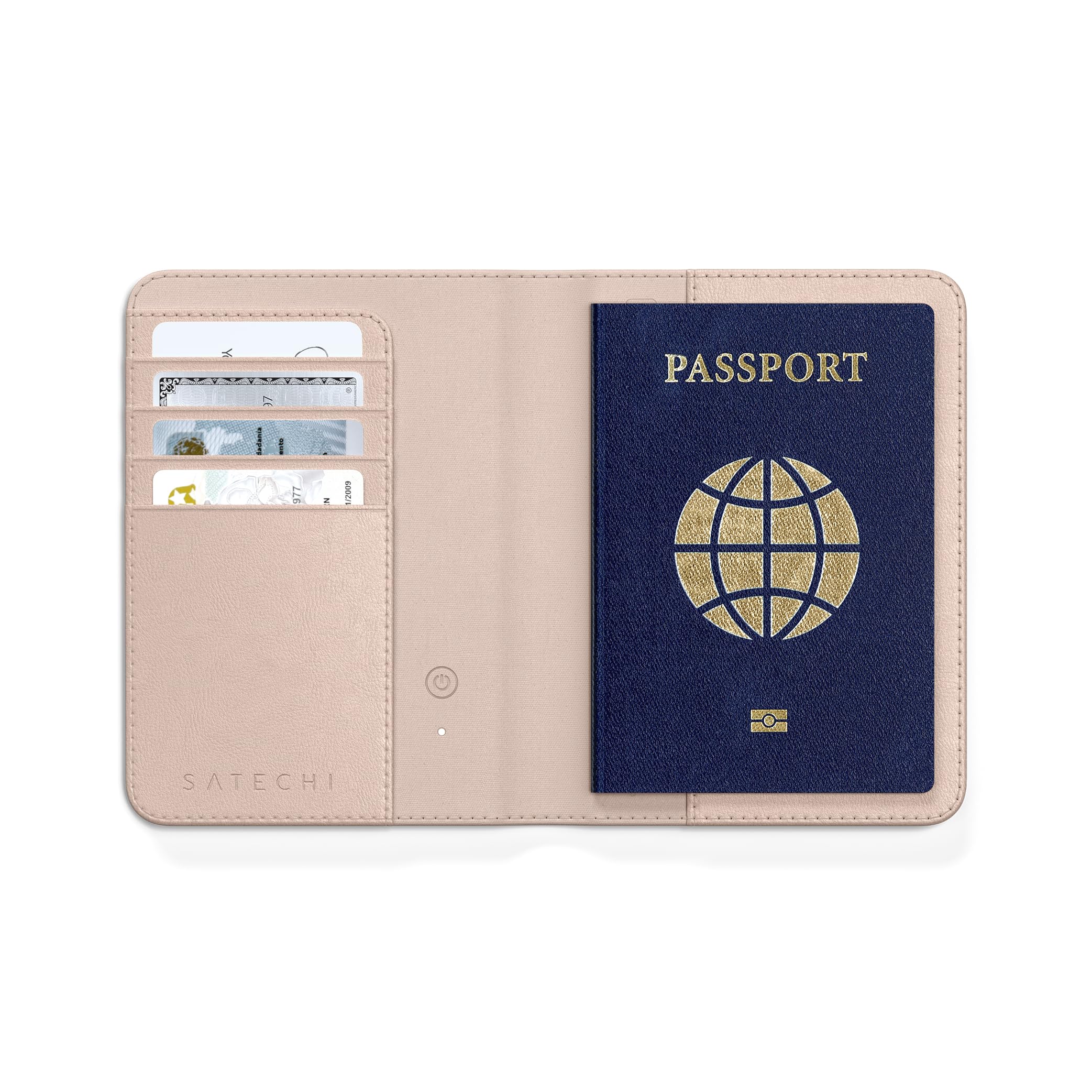 SATECHI FindAll Funda Pasaporte para Viaje con Find My con 4 Slots para Tarjetas, Carga Inalámbrica y Protección RFID, Compatible con App iOS Buscar, Material Premium (PU) - Rose